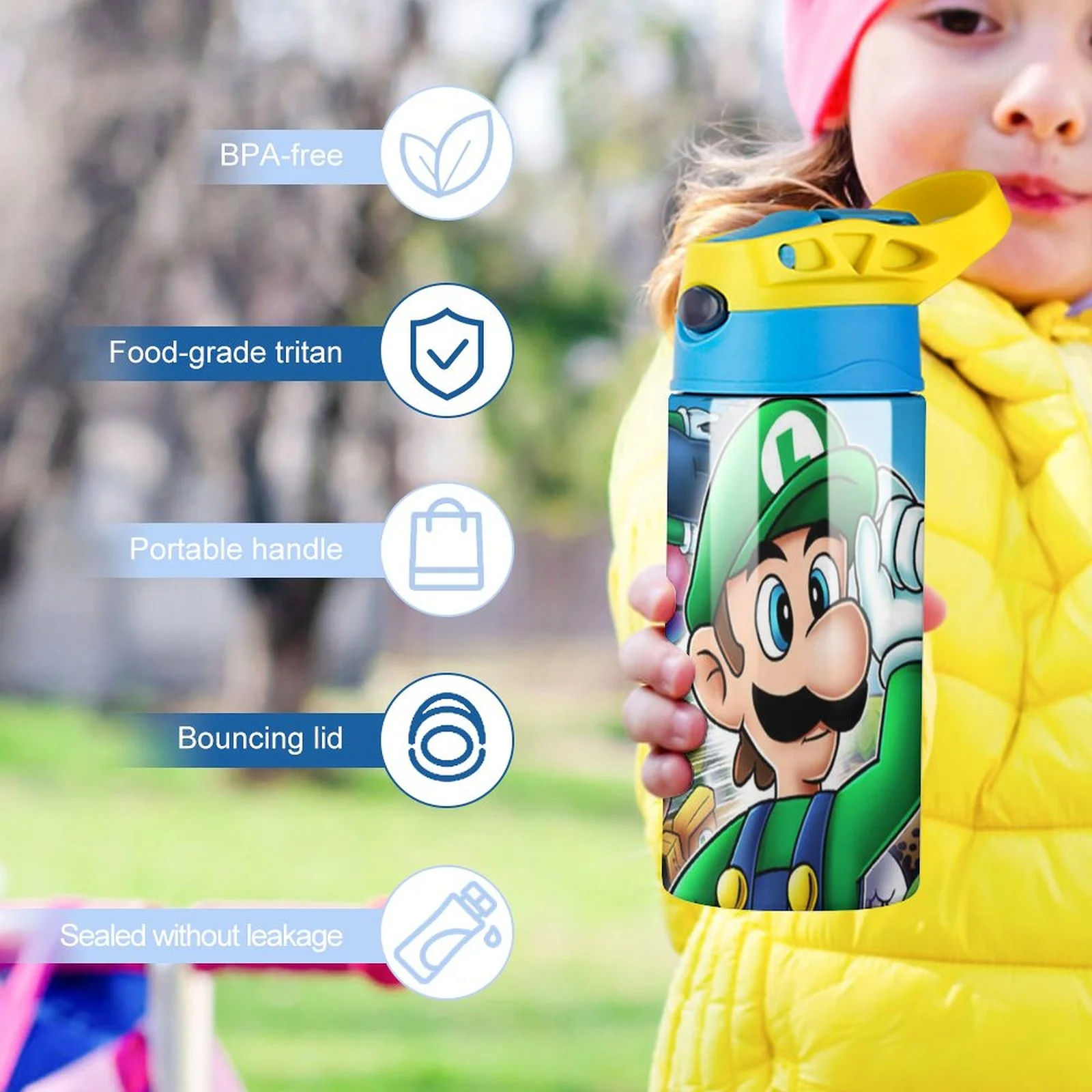 Funny Game Luigi's Mansion Kid's Insulated Water Bottle With Straw Vacuum Stainless Steel Cup Leak-Proof Children Toddler Thermoses