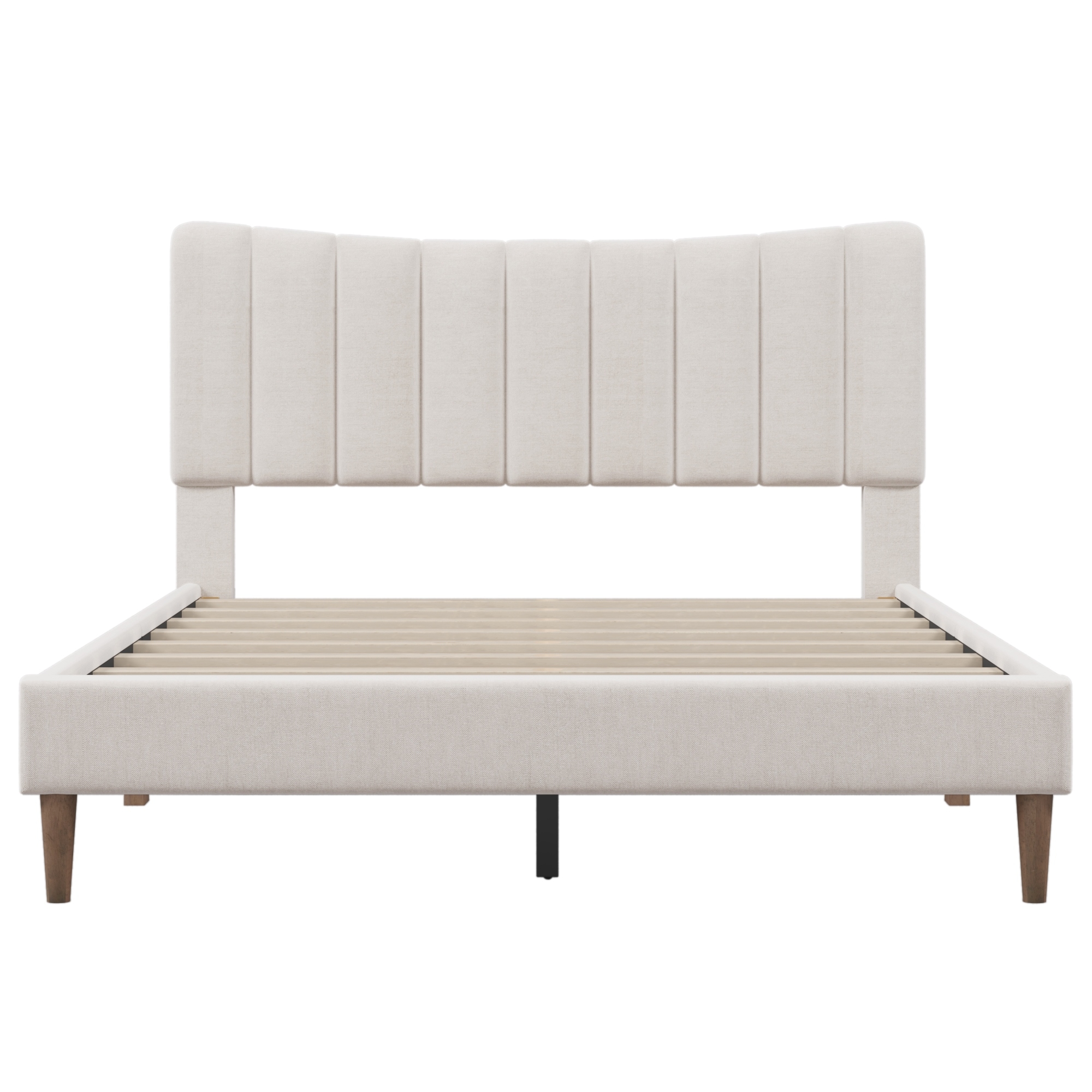 Linen Upholstered Platform Bed with Vertical Channel Tufted Headboard