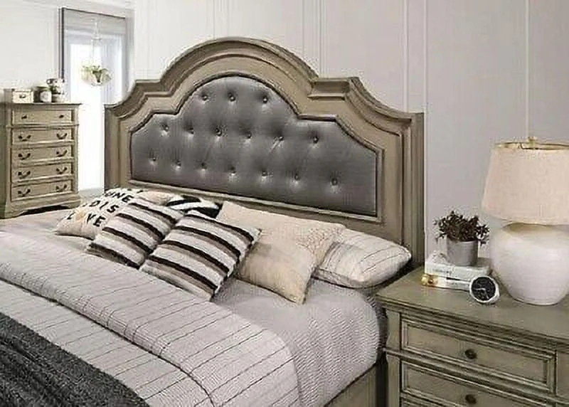 Antique Warm Gray Transitional 1pc Queen Size Bed Classic Arch Headboard Leatherette Diamond Button Tufting Bedroom Furniture
