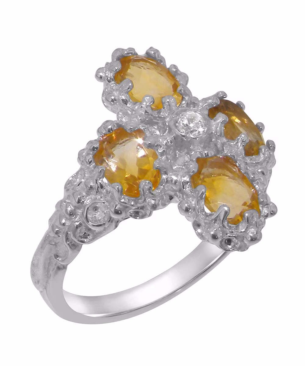 LBG British Made 18k White Gold Cubic Zirconia & Citrine Womens Engagement Ring - 33 size options - Size 6.25