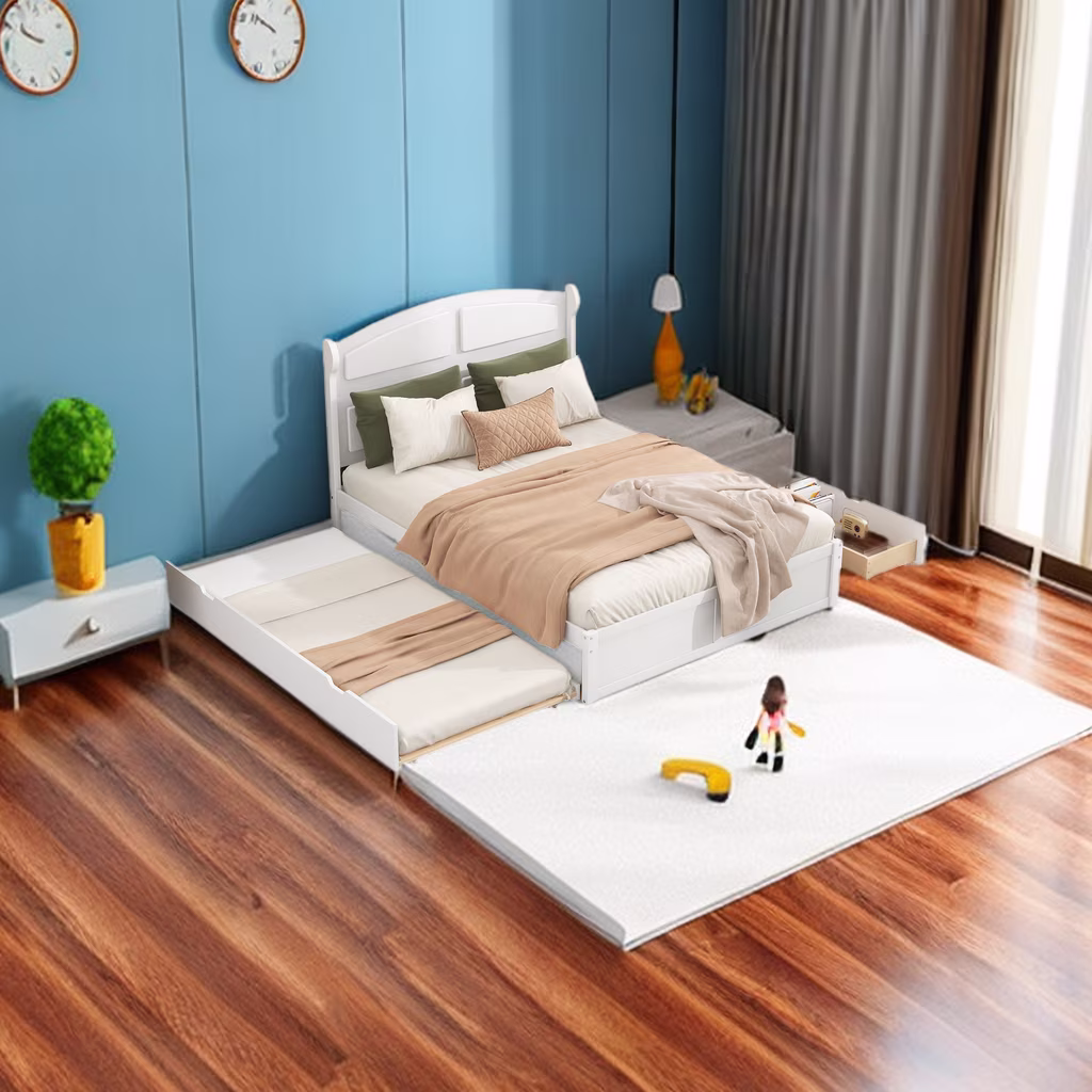 Multifunctional Design Queen Size Platform Bed with 2 Drawers and Twin Size Trundle,Wooden Bed Frame with Headboard and Slats,for Bedroom