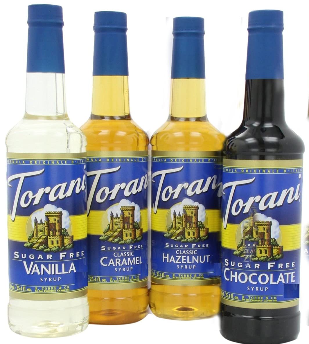 Torani Sugar Free Syrup Variety Pack For Coffee, One Each Of Sugar Free: Vanilla, Caramel, Hazelnut And Chocolate, 25.4 Fl Oz (Pack Of 4)
