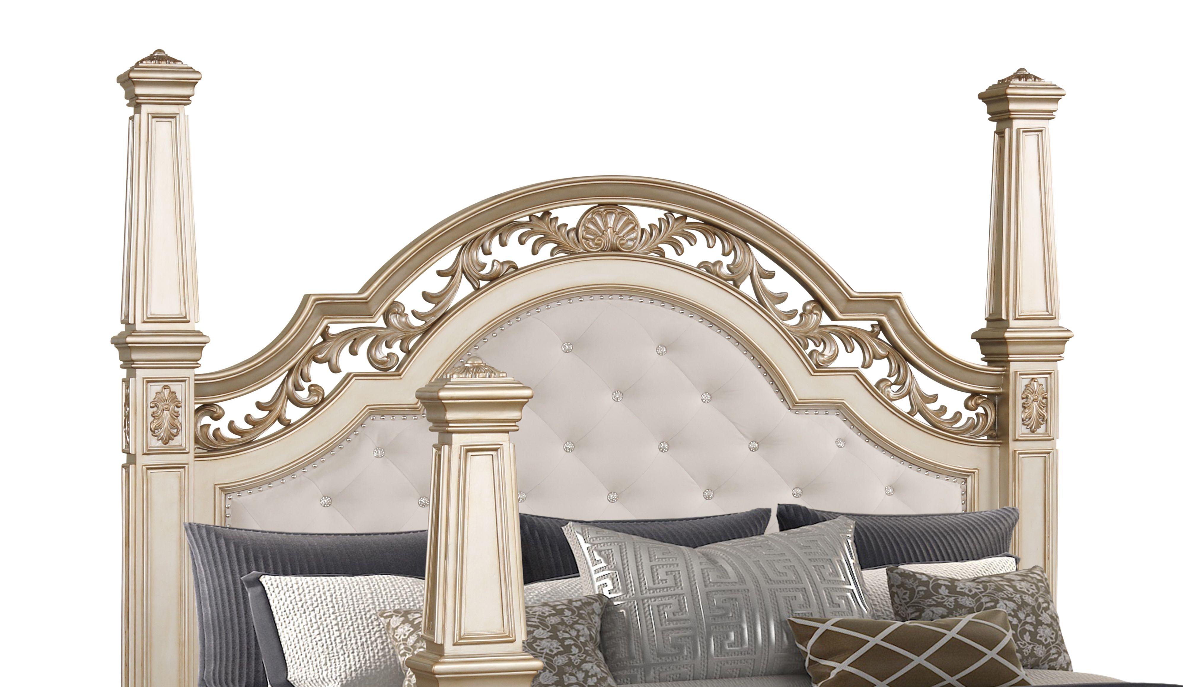 Gold Finish King Poster Bedroom Set 6Pcs Traditional Cosmos Furniture Valentina