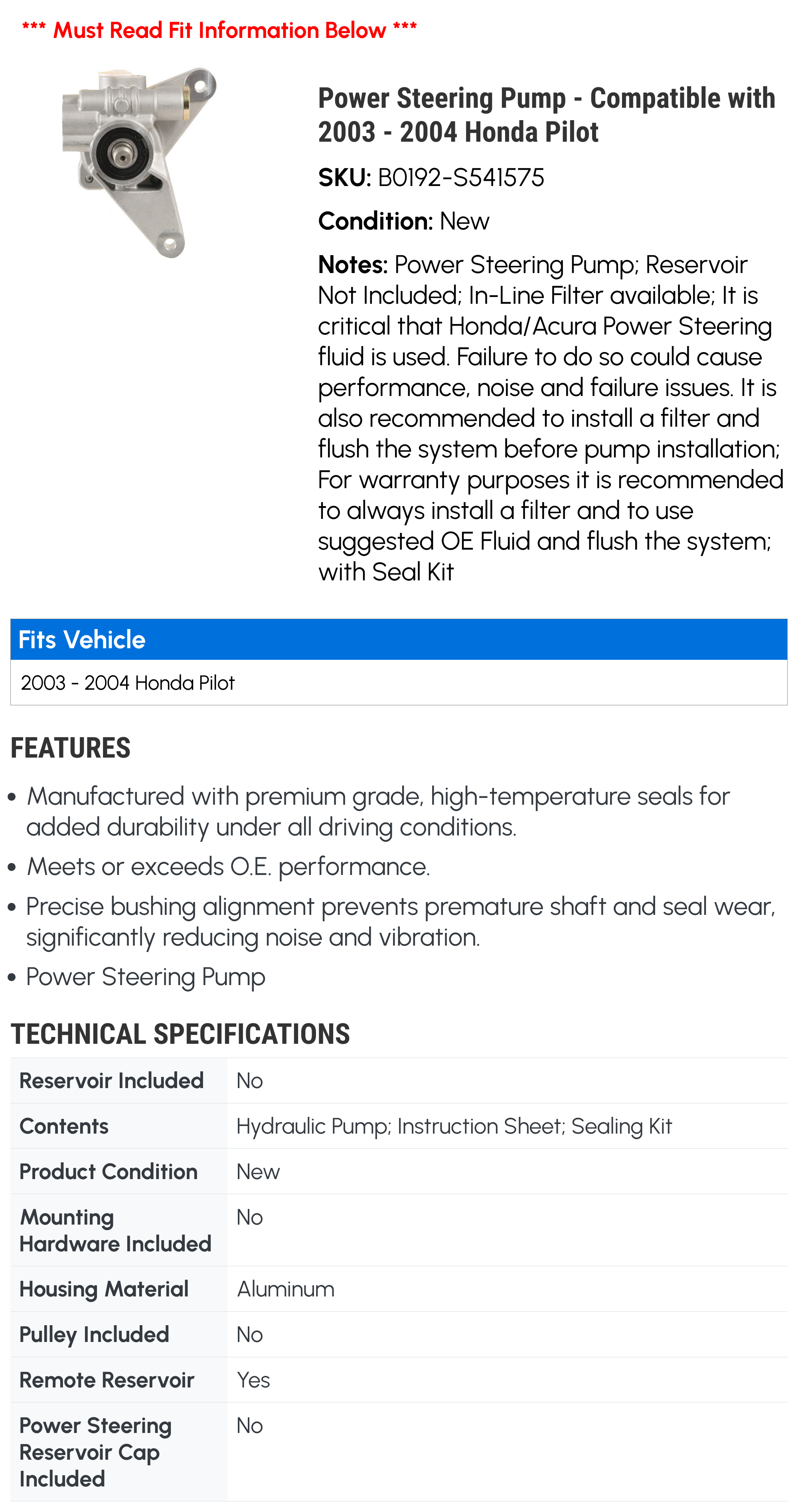 Power Steering Pump - Compatible with 2003 - 2004 Honda Pilot