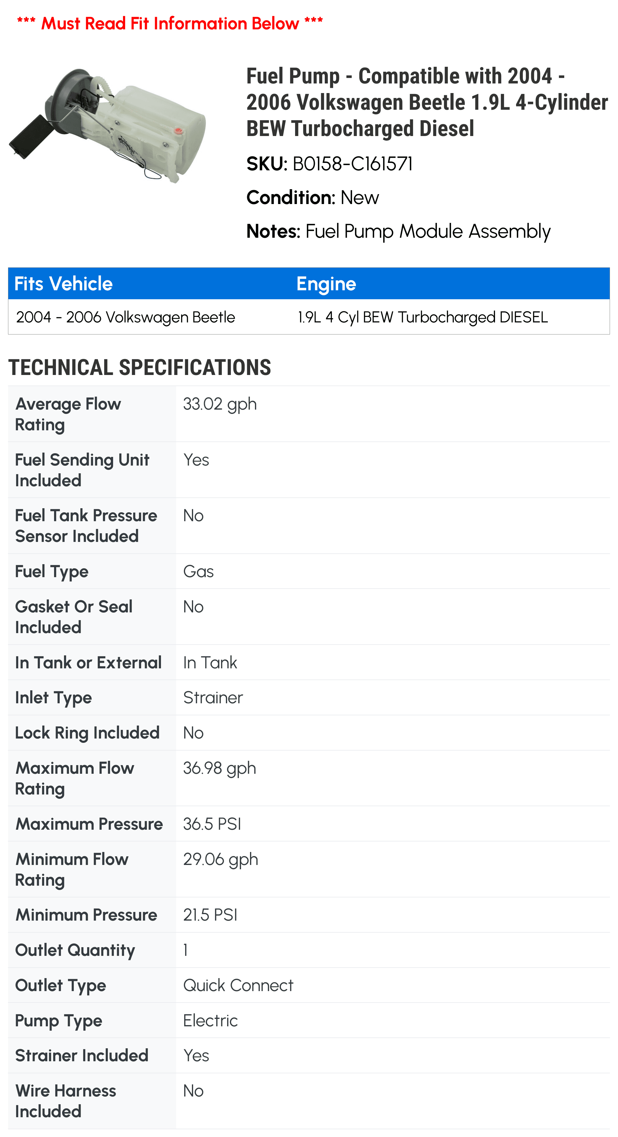 Fuel Pump - Compatible with 2004 - 2006 Volkswagen Beetle 1.9L 4-Cylinder BEW Turbocharged Diesel 2005