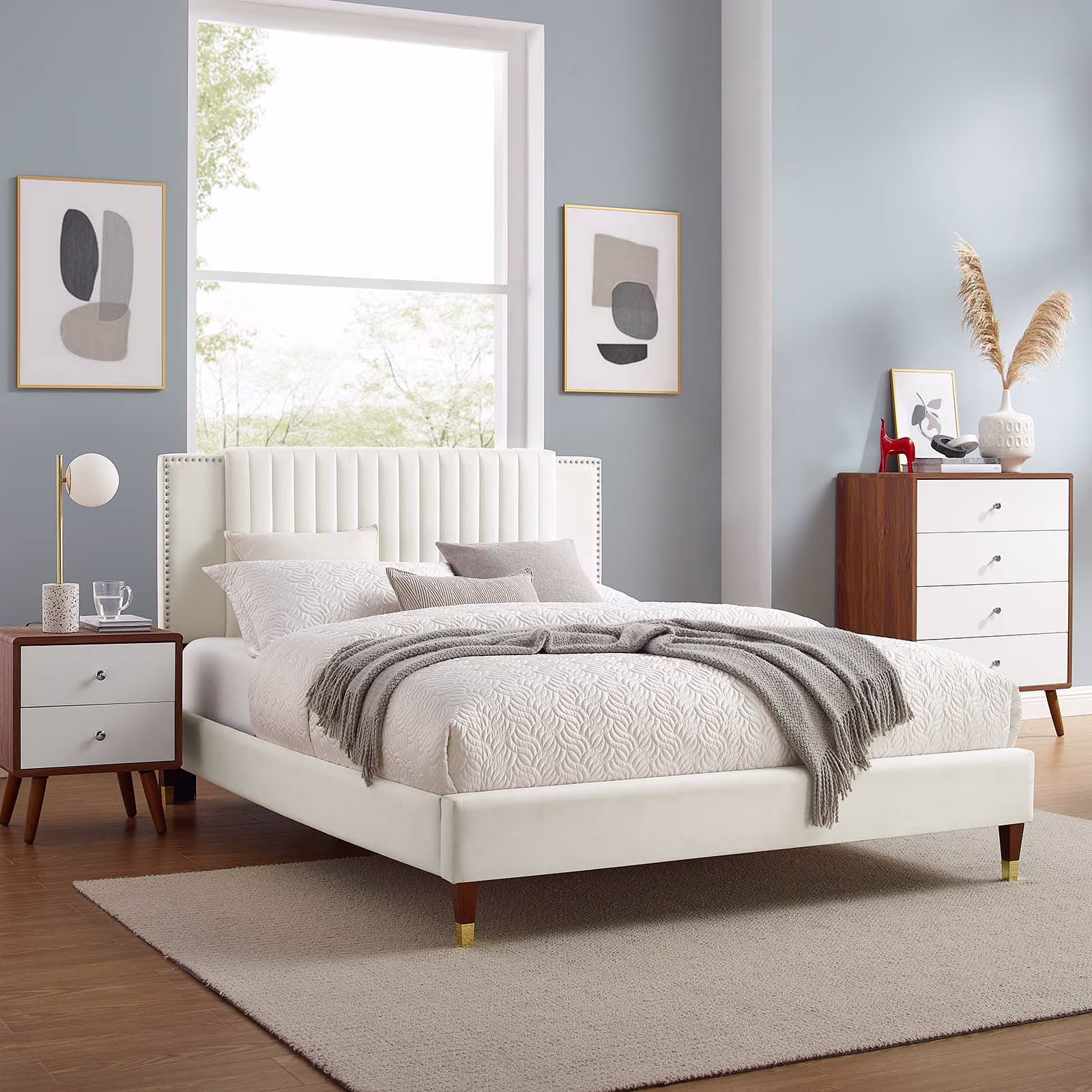 Modway Zahra Channel Tufted Performance Velvet Full Platform Bed in White