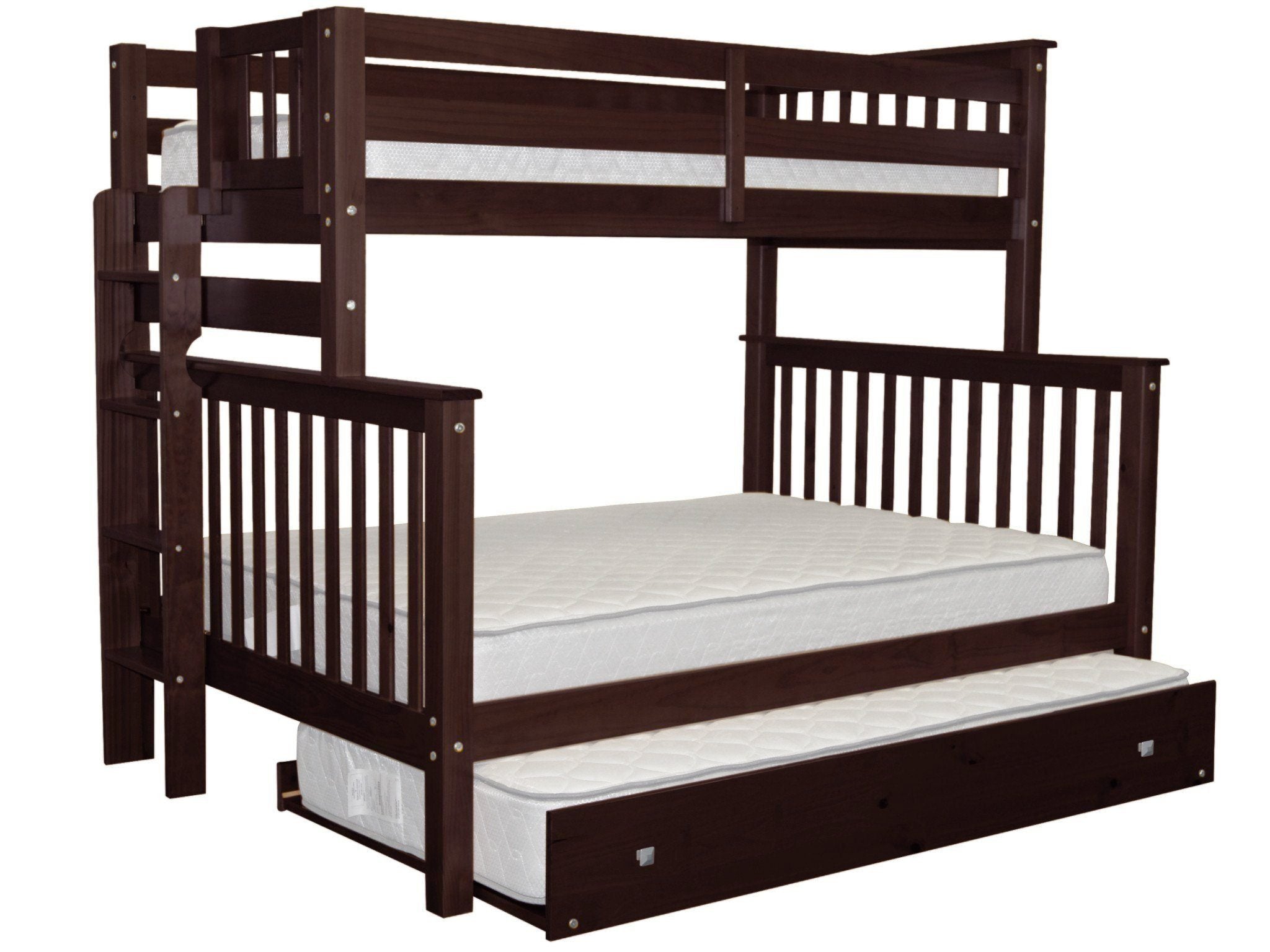Bedz King Bunk Beds Twin over Full Mission Style with End Ladder and a Twin Trundle, Dark Cherry