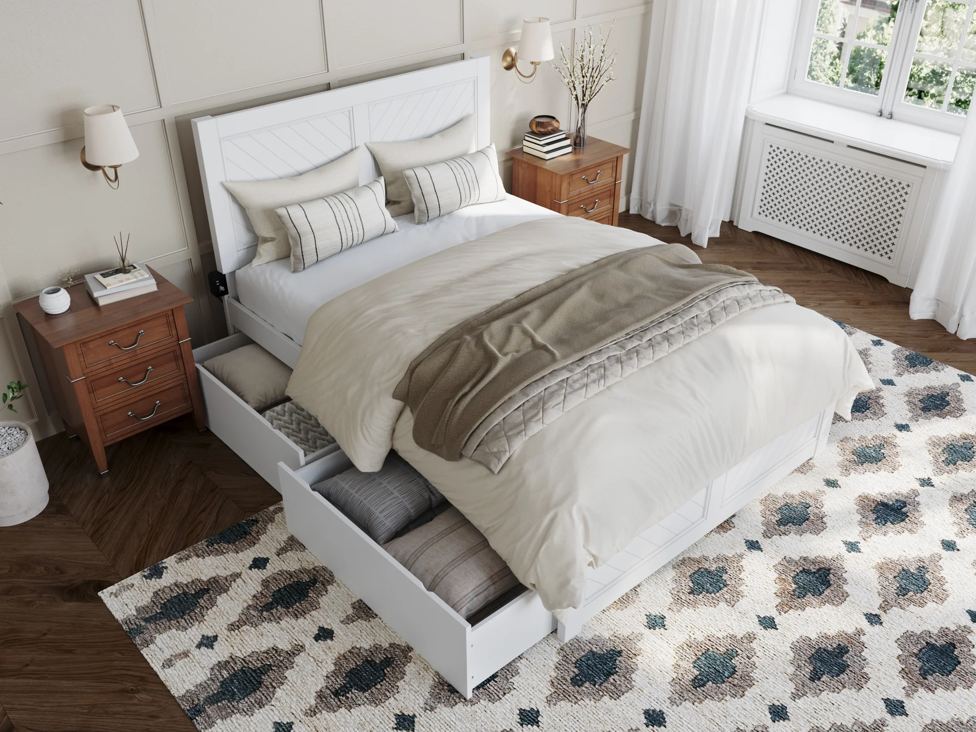 AFI Canyon White Solid Wood Platform Bed with Matching Footboard & Storage Drawers, Full