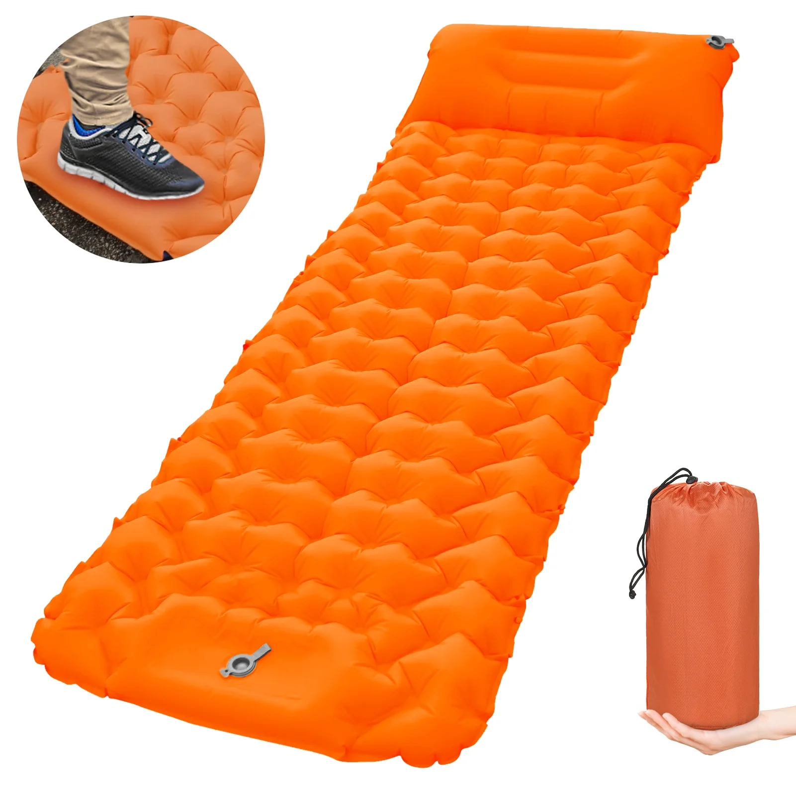 Andoer Camping Sleeping Pad with Pillow Built-in Pump Ultralight Inflatable Sleeping Mat Waterproof Camping Air Mattress for Backpacking Hiking Tent Traveling