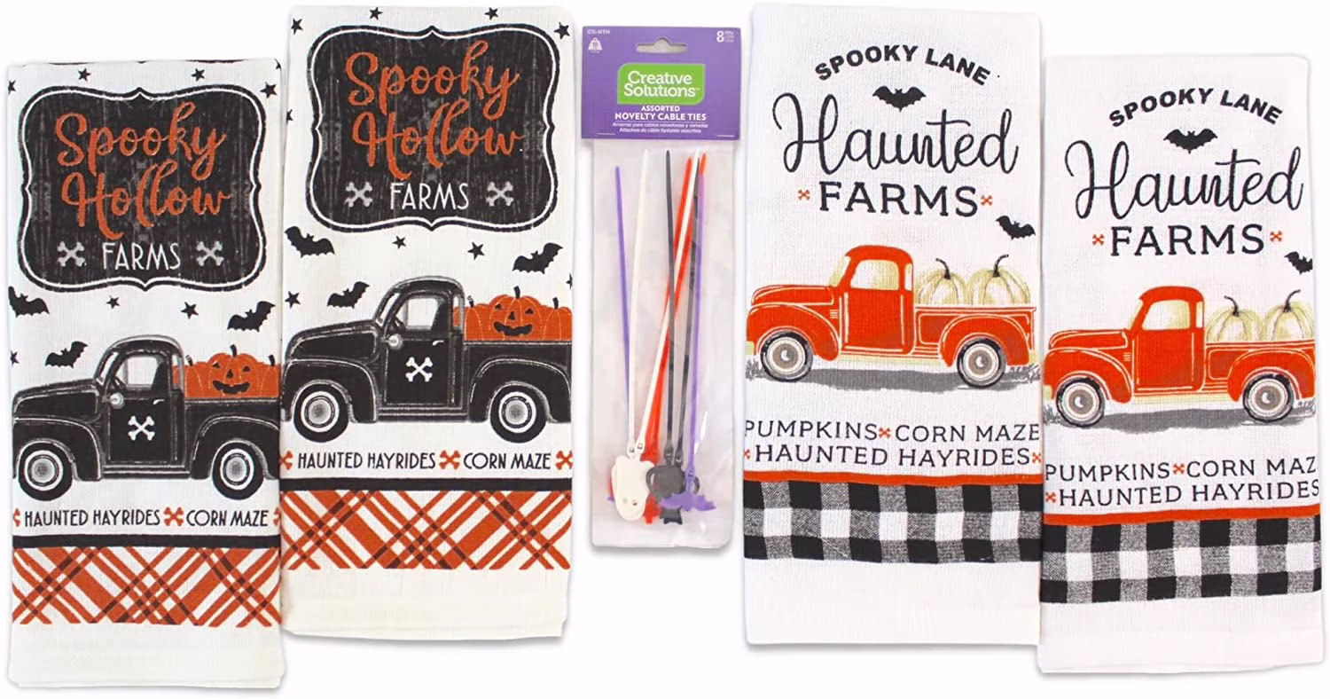 Serafina Home Halloween Kitchen Dish Towel Set: Spooky Hollow Haunted Black and Spooky Lane Orange Trucks with Plaid Border