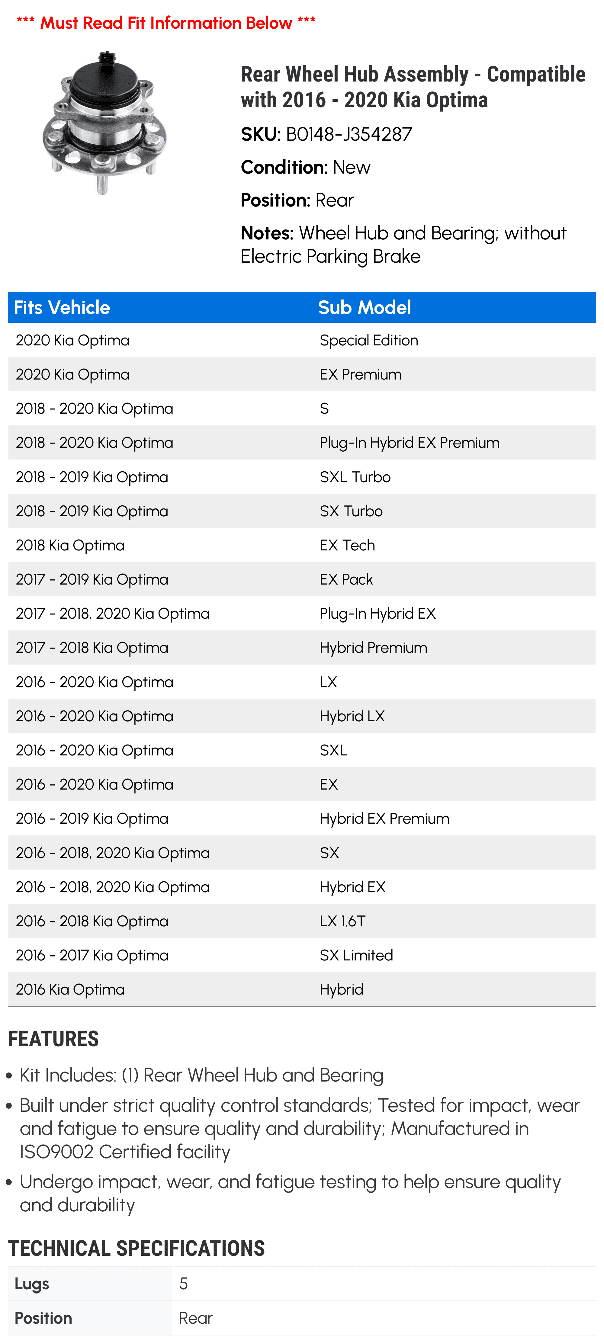 Rear Wheel Hub Assembly - Compatible with 2016 - 2020 Kia Optima 2017 2018 2019