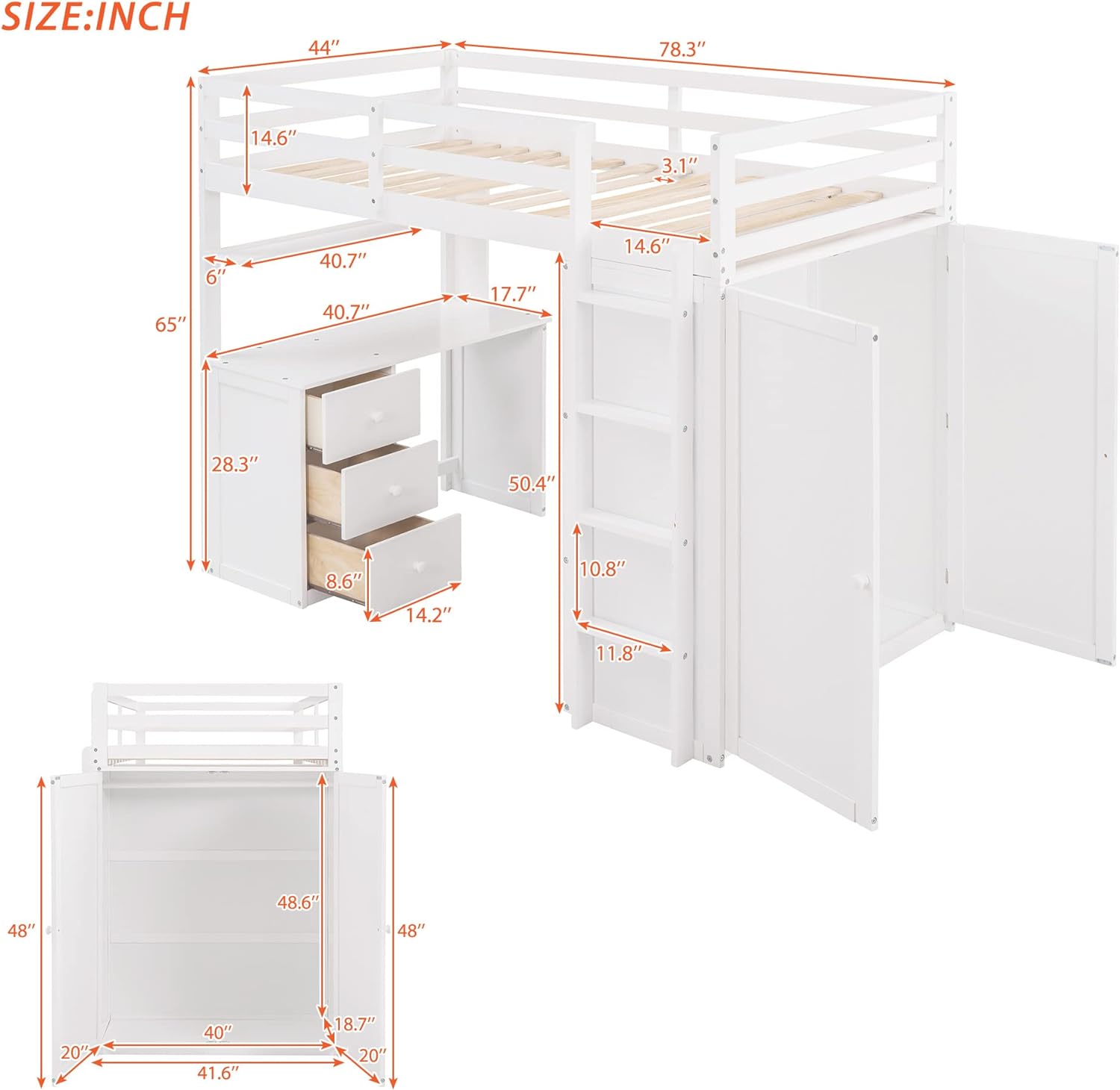 Loft Bed With Desk And Wardrobe, Solid Wood Loft Bed Frame With Storage Drawers, For Kids Teens Adults ( Size, White)