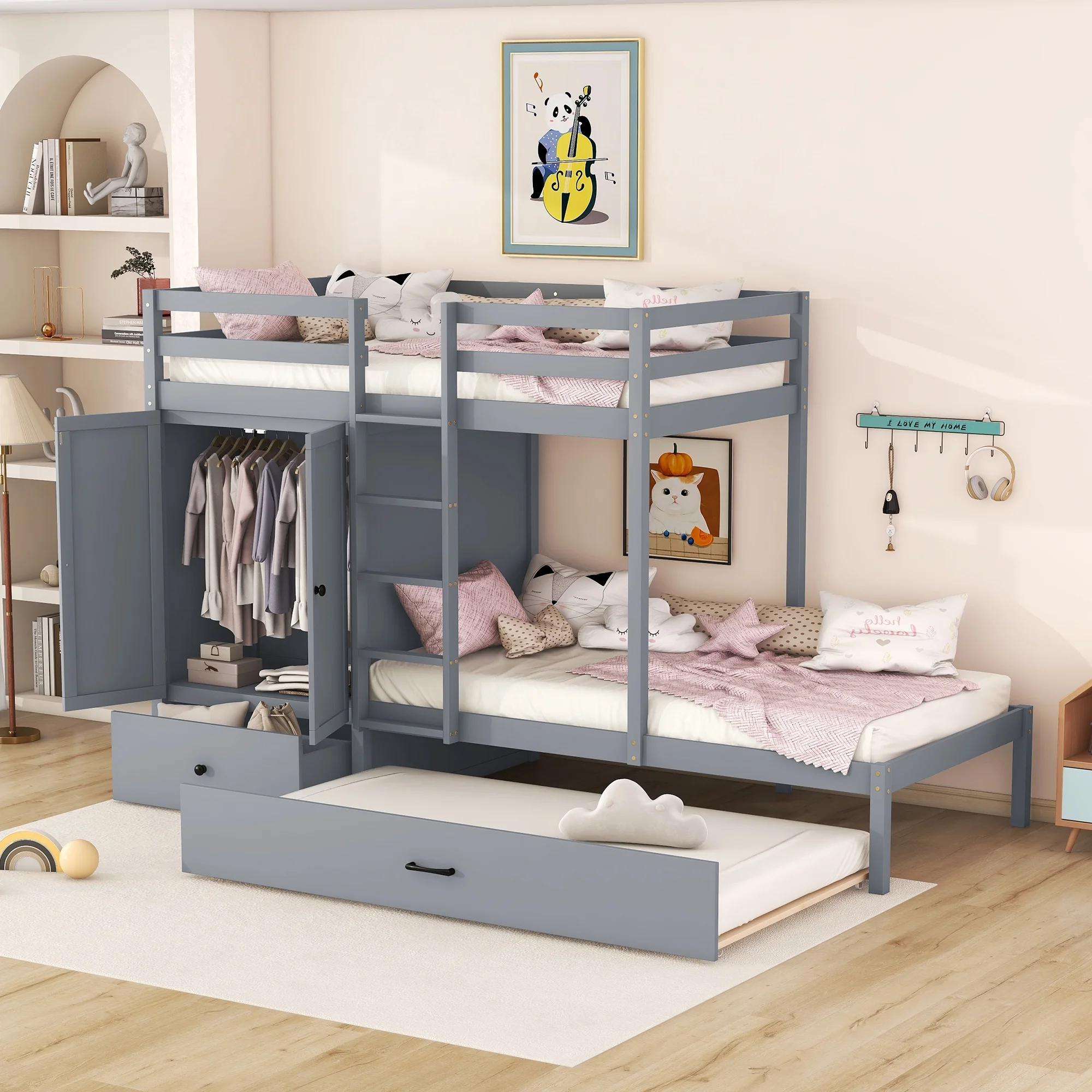 Twin Over Twin Bunk Bed with Wardrobe and Trundle, Wood Bed Frame with Storage Drawers and Shelves for Kids Child