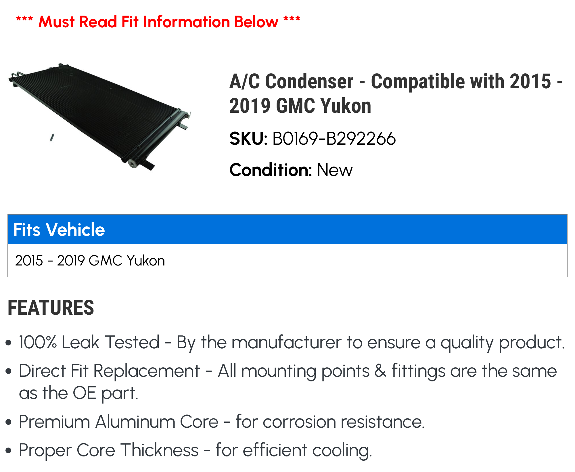 A/C Condenser - Compatible with 2015 - 2019 GMC Yukon 2016 2017 2018