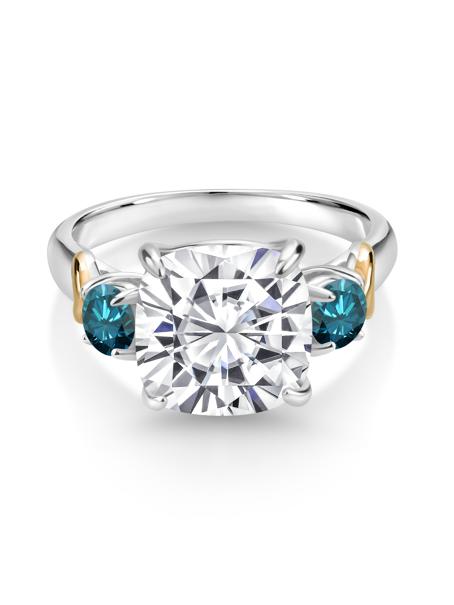 925 Silver and 10K Yellow Gold Moissanite from Charles & Colvard and Blue Diamond 3 Stone Ring For Women (5.54 Cttw, Gemstone Birthstone, Cushion 10MM, Round 4MM, Available In Size 5, 6, 7, 8, 9)