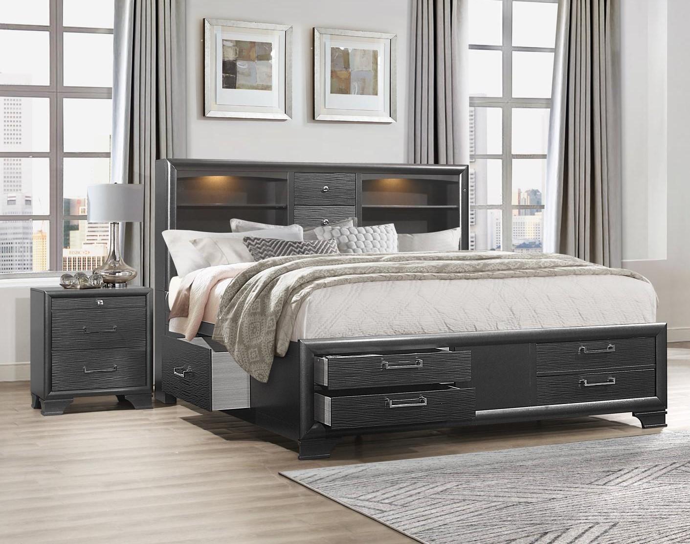 Storage King Bed & 2 Nightstands Glossy Black Modern Global Furniture Jordyn