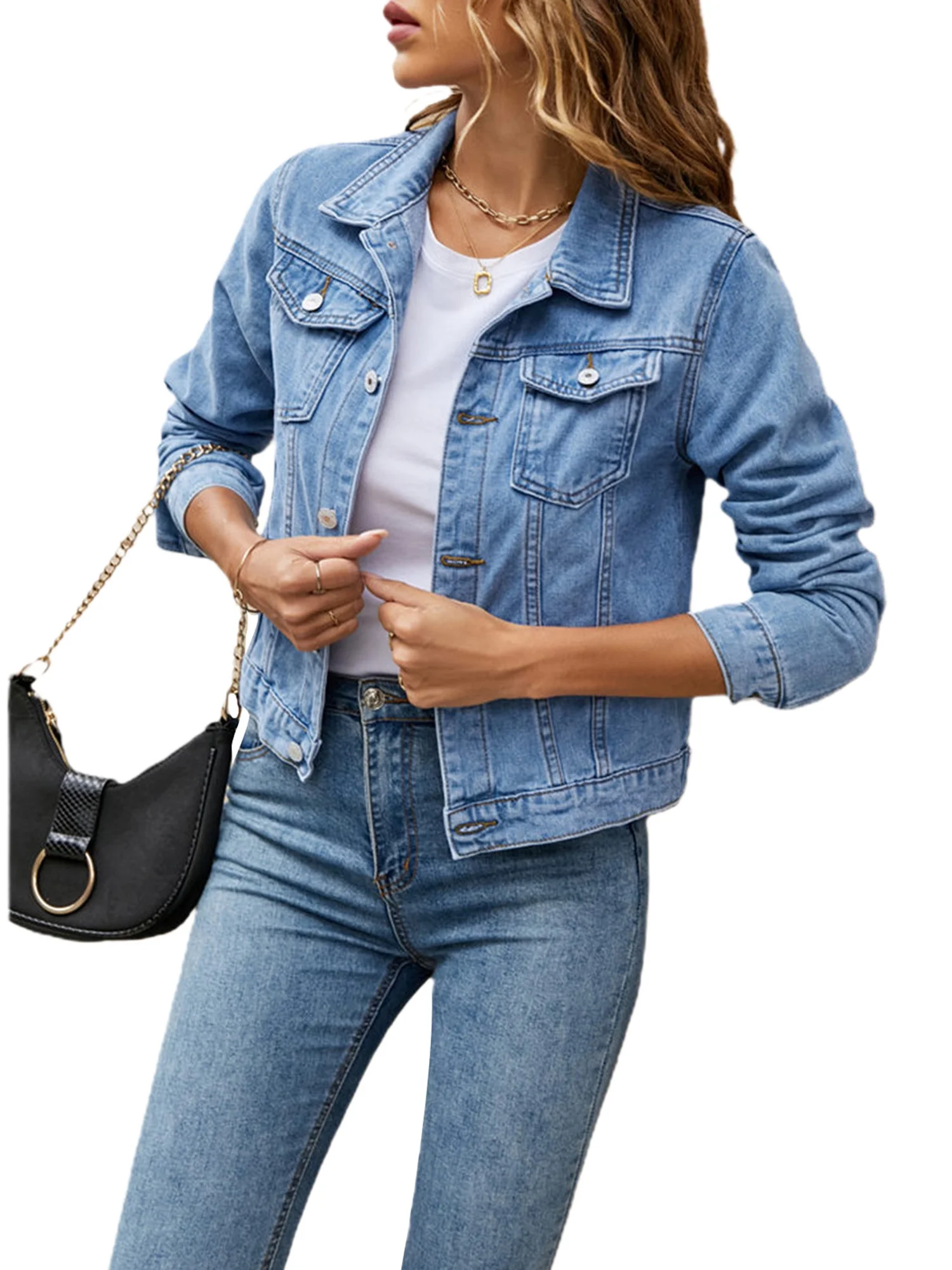 Youweixiong Women's Solid Denim Jacket Casual Long Sleeve Button Down Jean Jacket