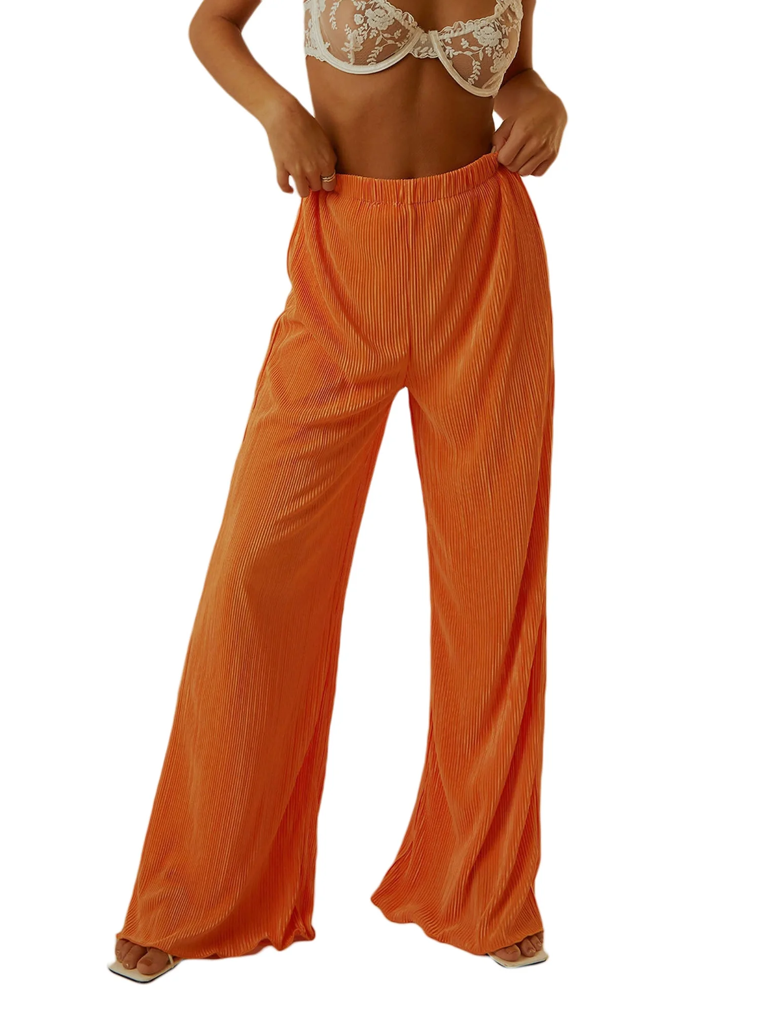 Women Casual Trousers Ladies Solid Colour Loose Fit Elasticated Waist Long Trouser with Pockets