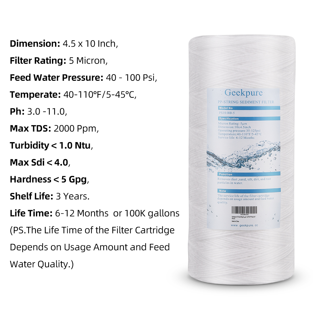 Geekpure 10-Inch String Wound PP Sediment Filter for Whole House Water Filtration -4.5