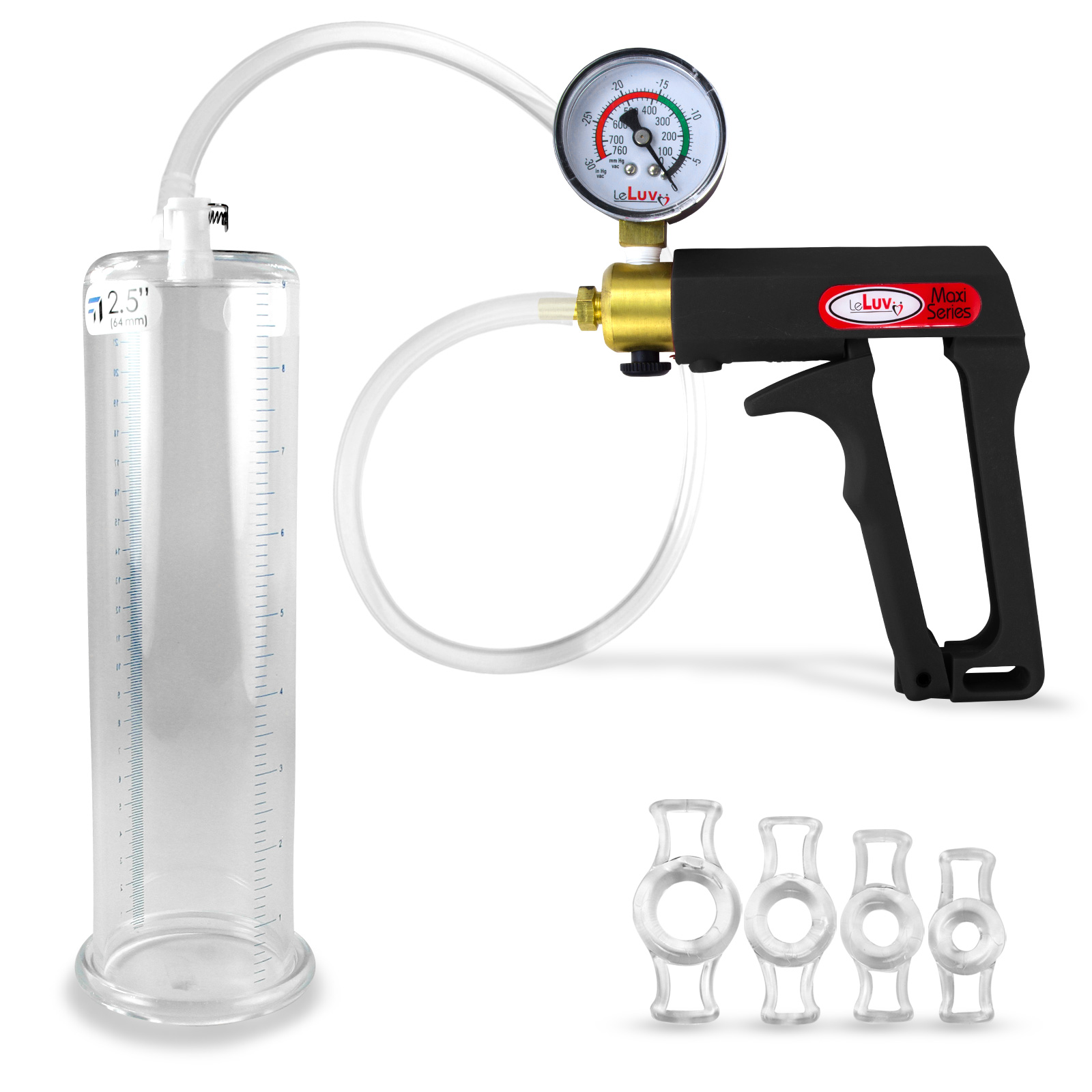 LeLuv Maxi Black Penis Pump + Vacuum Gauge | Clear Hose plus 4 Constriction Rings | 9