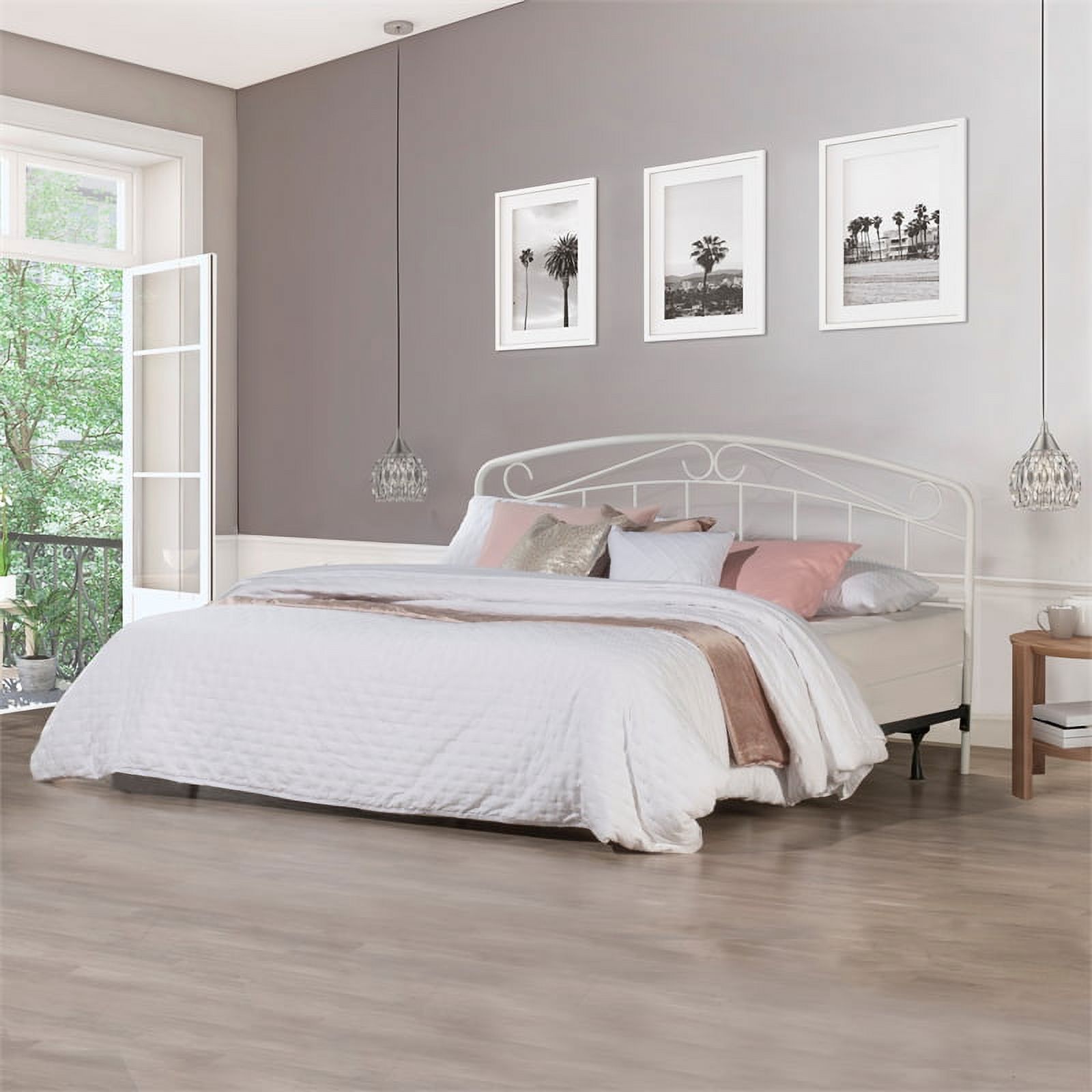 Hillsdale Furniture Jolie Arched Scroll Metal King Headboard in Textured White with Black Metal Bed Frame