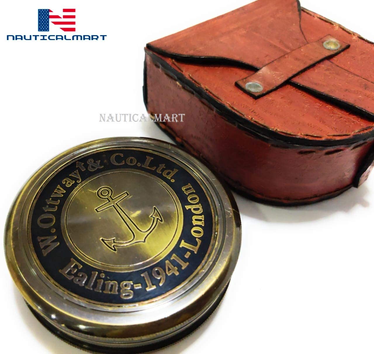 NauticalMart W. Ottway's Collectible Antique Brass Compass with Leather Case