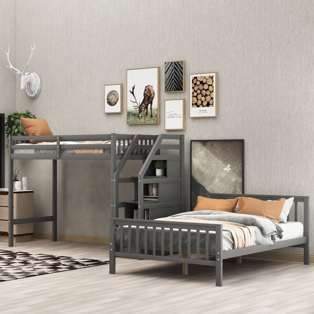 Cosymart Twin over Full Loft Bed with Staircase,Gray(OLD SKU:SM000107AAE)