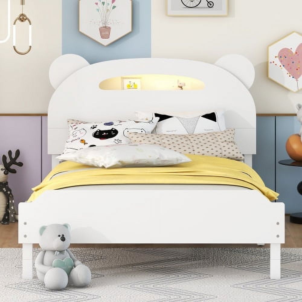 Twin Size Bed Frame, Bear-shaped Wood Platform With Motion Activated Night Lights, White