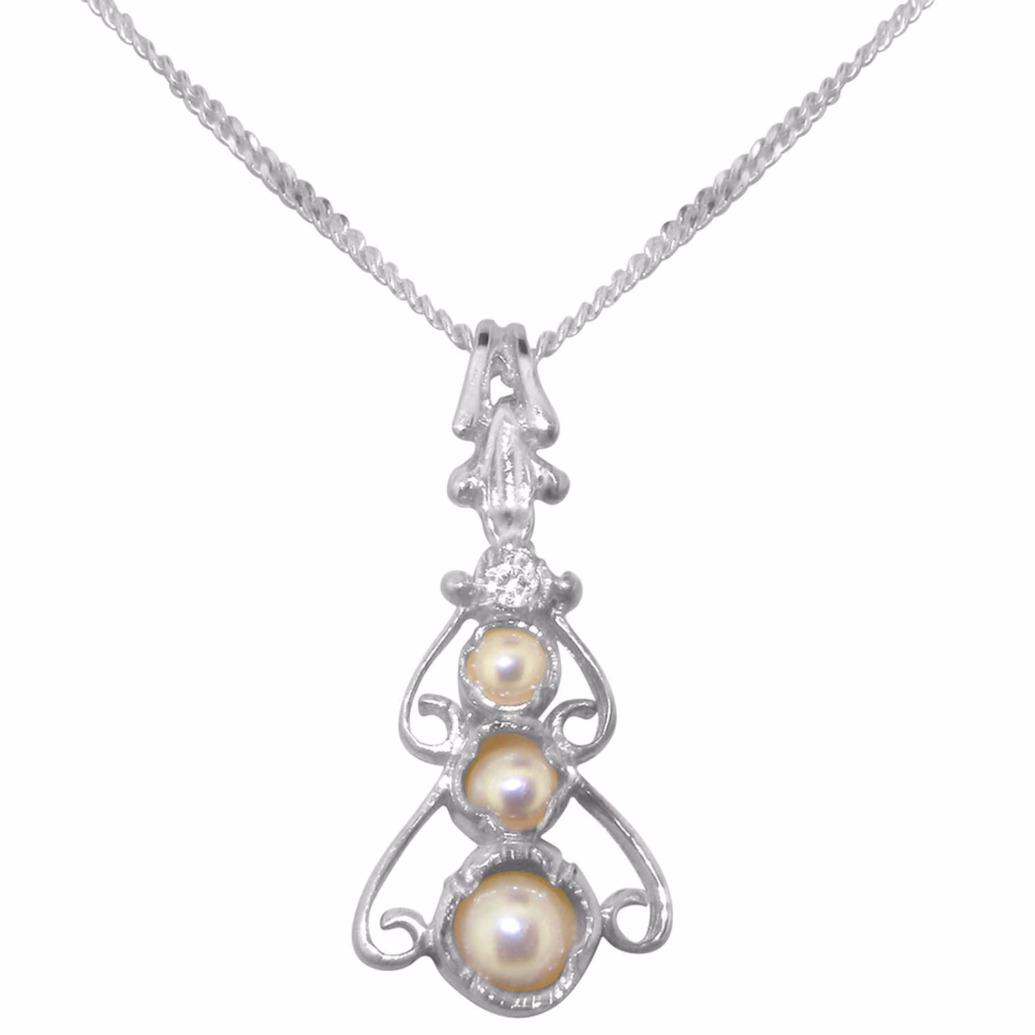 LBG 18k White Gold Pendant & Chain with Cultured Pearl & Diamond Womens Bohemian Pendant & Chain - Chain length 16