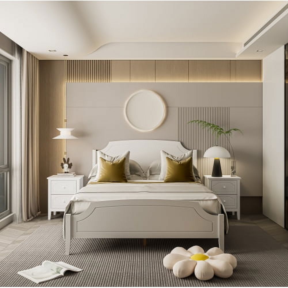 White Contemporary Roman Style, Solid Wood Bed, Queen Size Bed Frame, No Box Spring Needed, Paint Sprayed Finishing