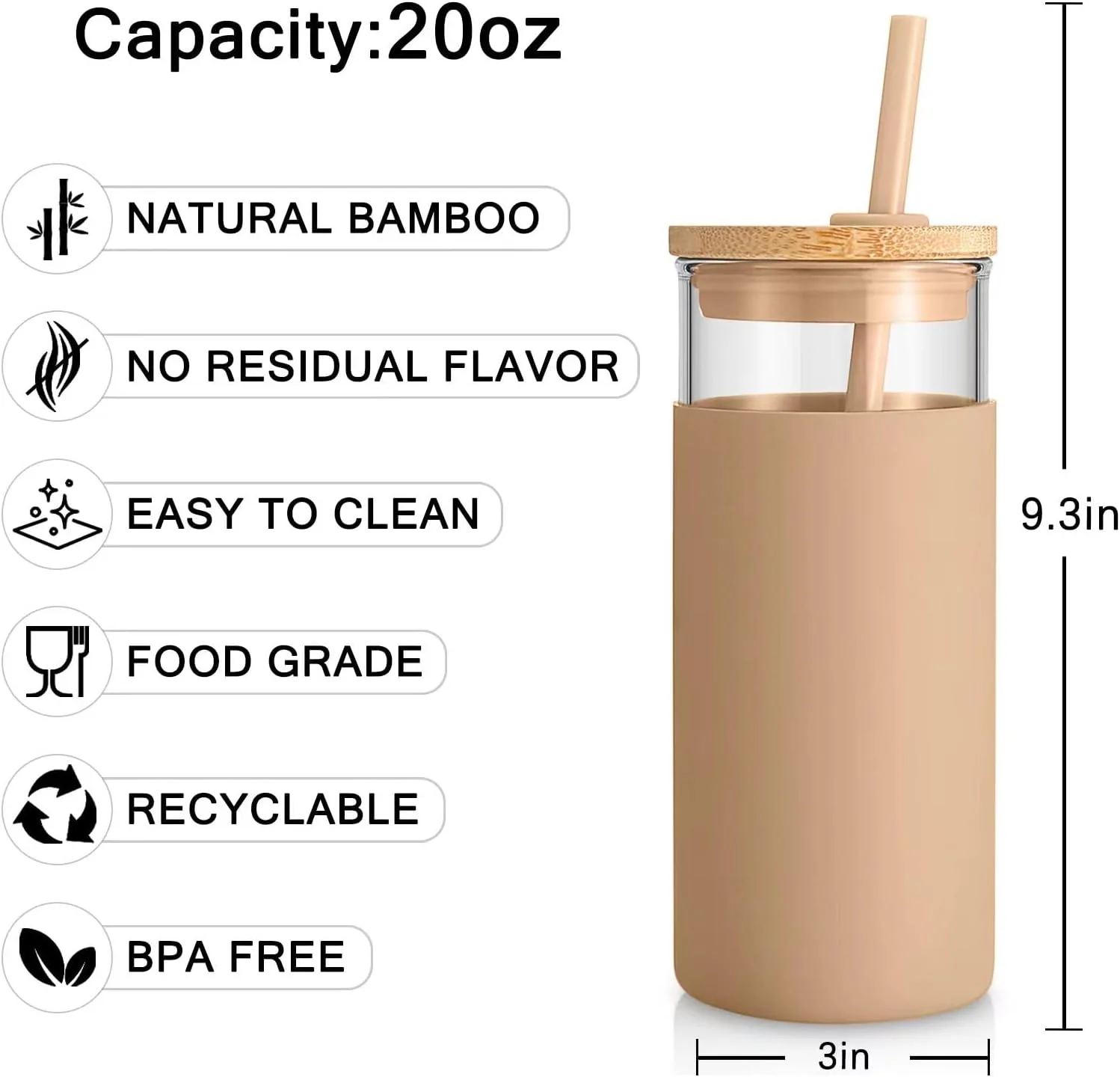 Tronco 20 oz glass tumbler glass water bottle straw silicone protective sleeve bamboo lid-BPA free-Amber