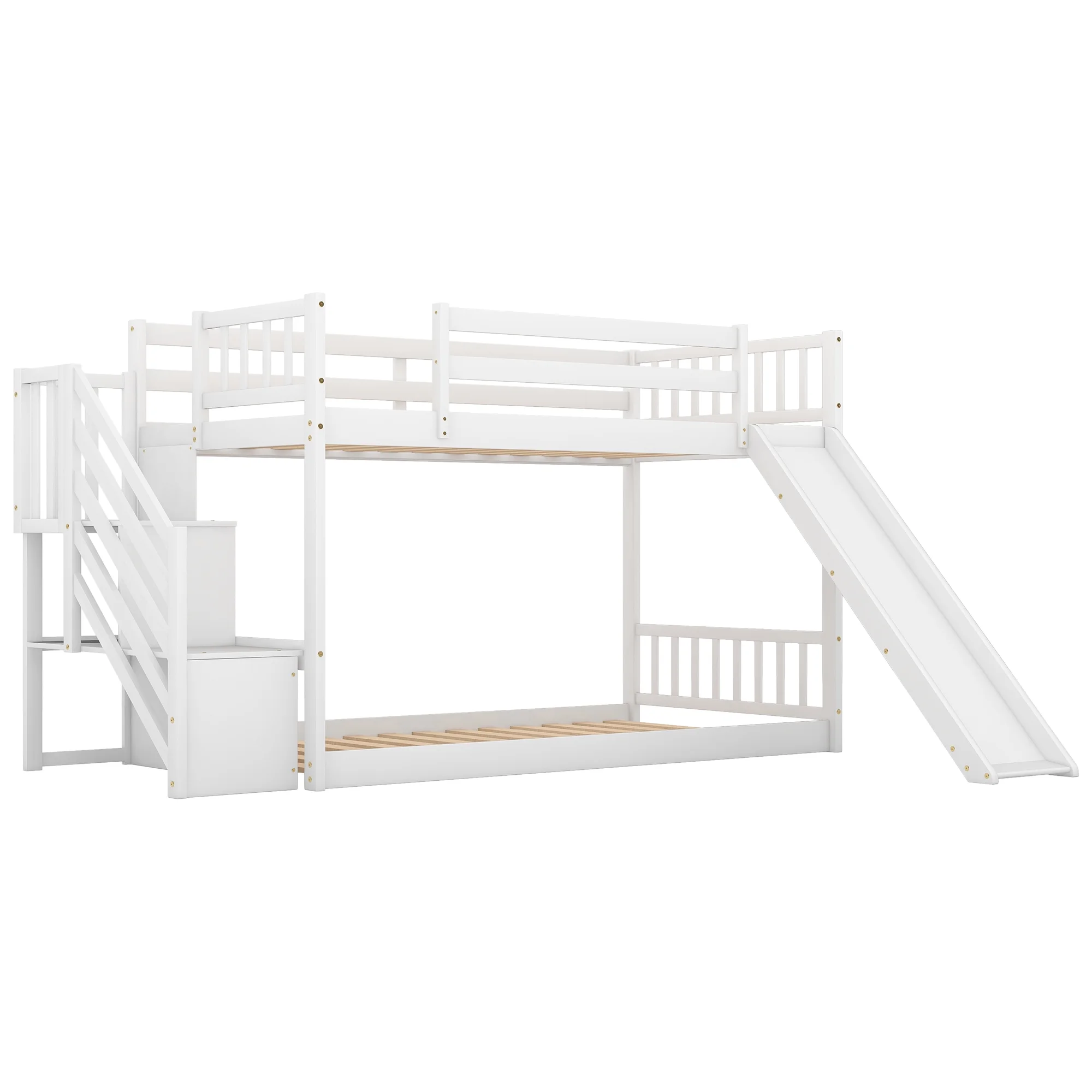 White Twin over Twin Bunk Bed with Convertible Slide and Stairway