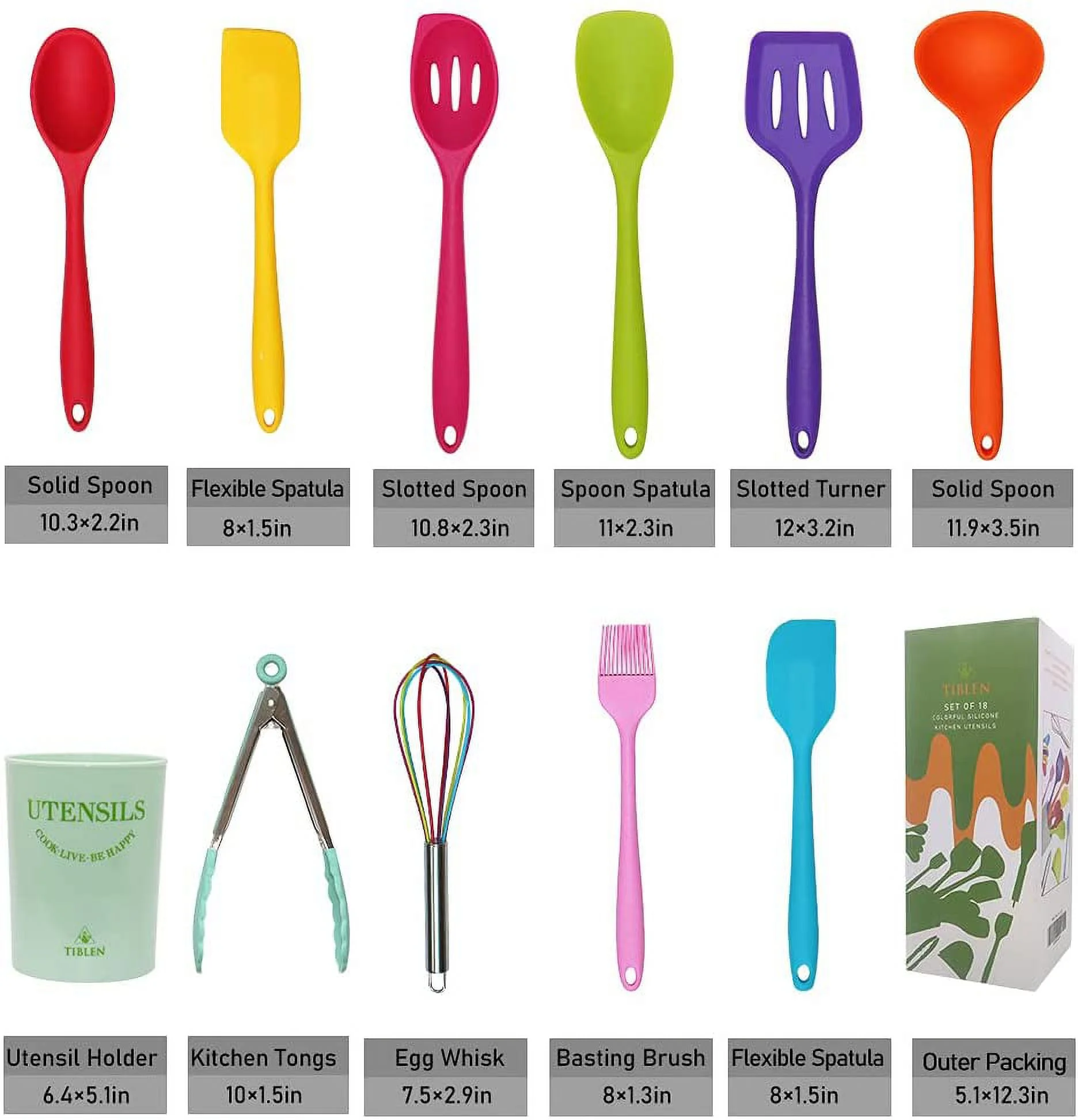 TIBLEN 18 Pcs Silicone Kitchen Cooking Utensil Set, Non-Stick Heat Resistant Cookware, BPA Free Non-Toxic Tools, Turner Tongs Ladle Spoon Whisk, Dishwasher Safe