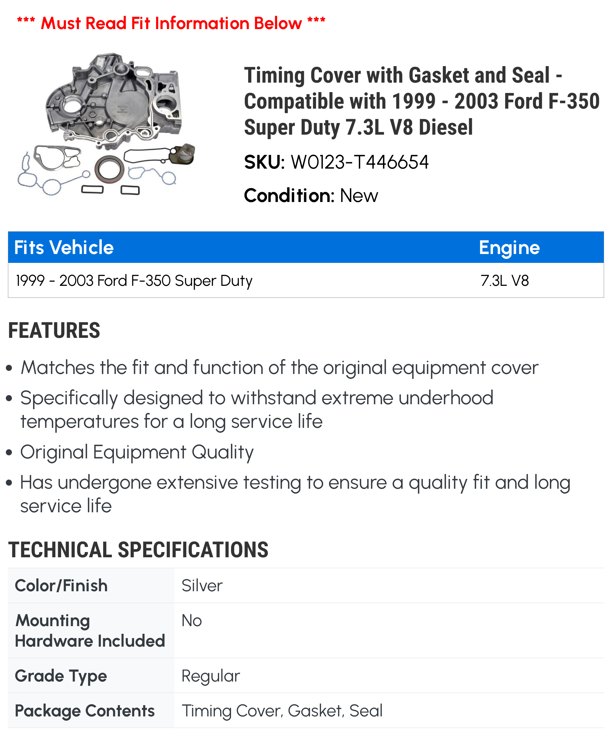 Timing Cover with Gasket and Seal - Compatible with 1999 - 2003 Ford F-350 Super Duty 7.3L V8 Diesel 2000 2001 2002