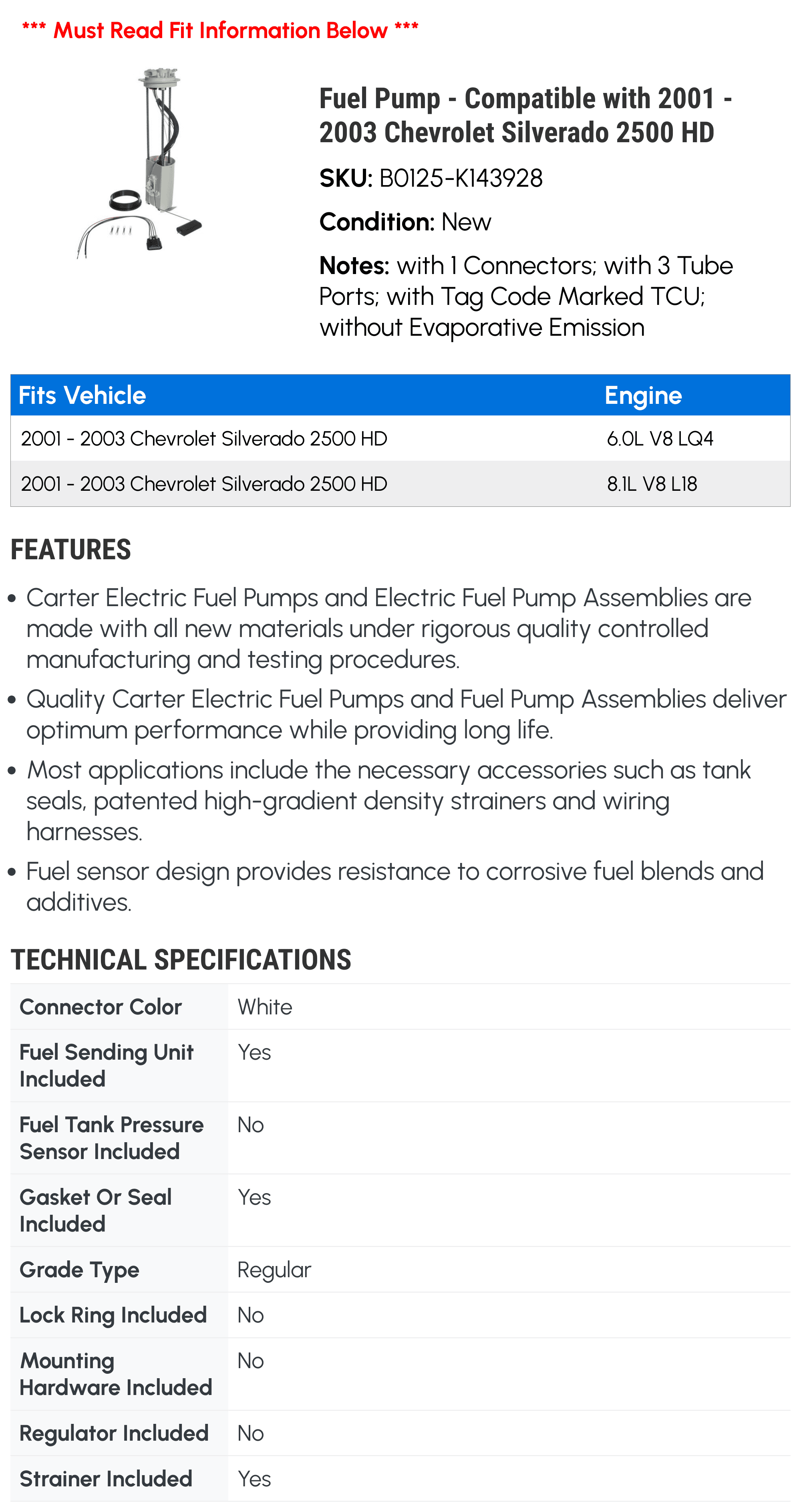 Fuel Pump - Compatible with 2001 - 2003 Chevy Silverado 2500 HD 2002