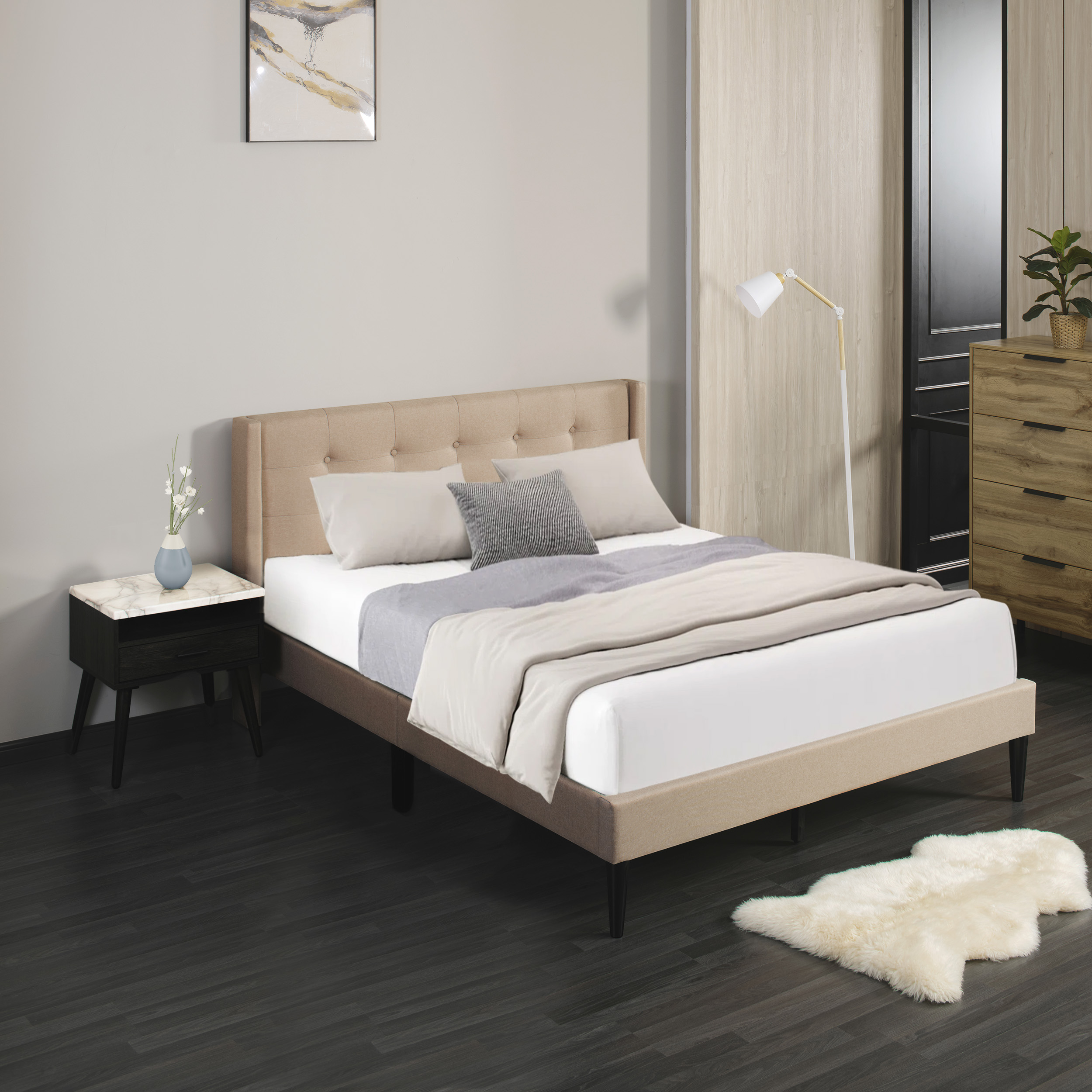 Larksperal Queen Size Bed Frame Upholstered Platform with Wingback Tufted, No Box Spring Needed, Beige