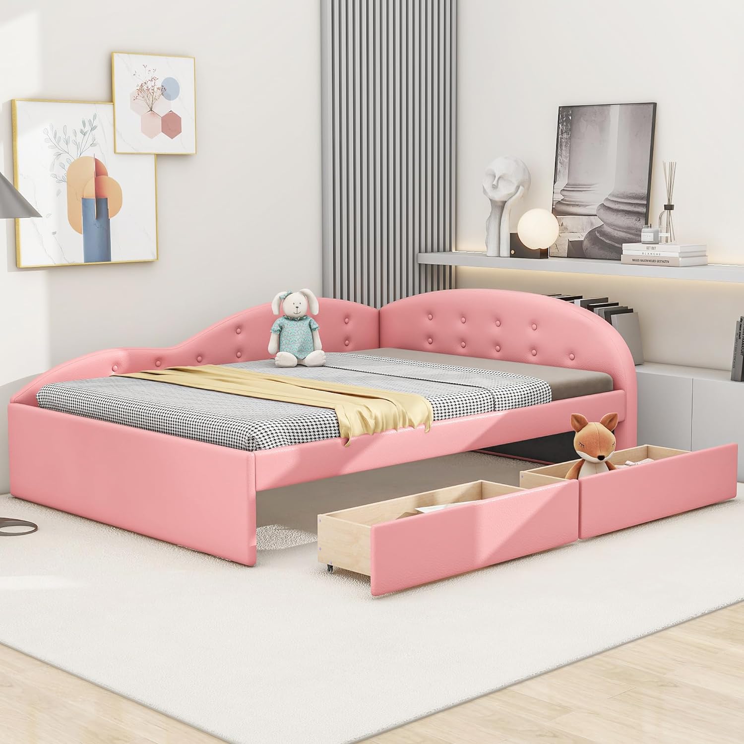 Full Daybed With Storage,PU Upholstered Tufted Daybed With 2 Drawers Ad Cloud Shaped Guardrail, Moder Full Storage Bed Sofa Daybed For Bedroom, Livig Room,