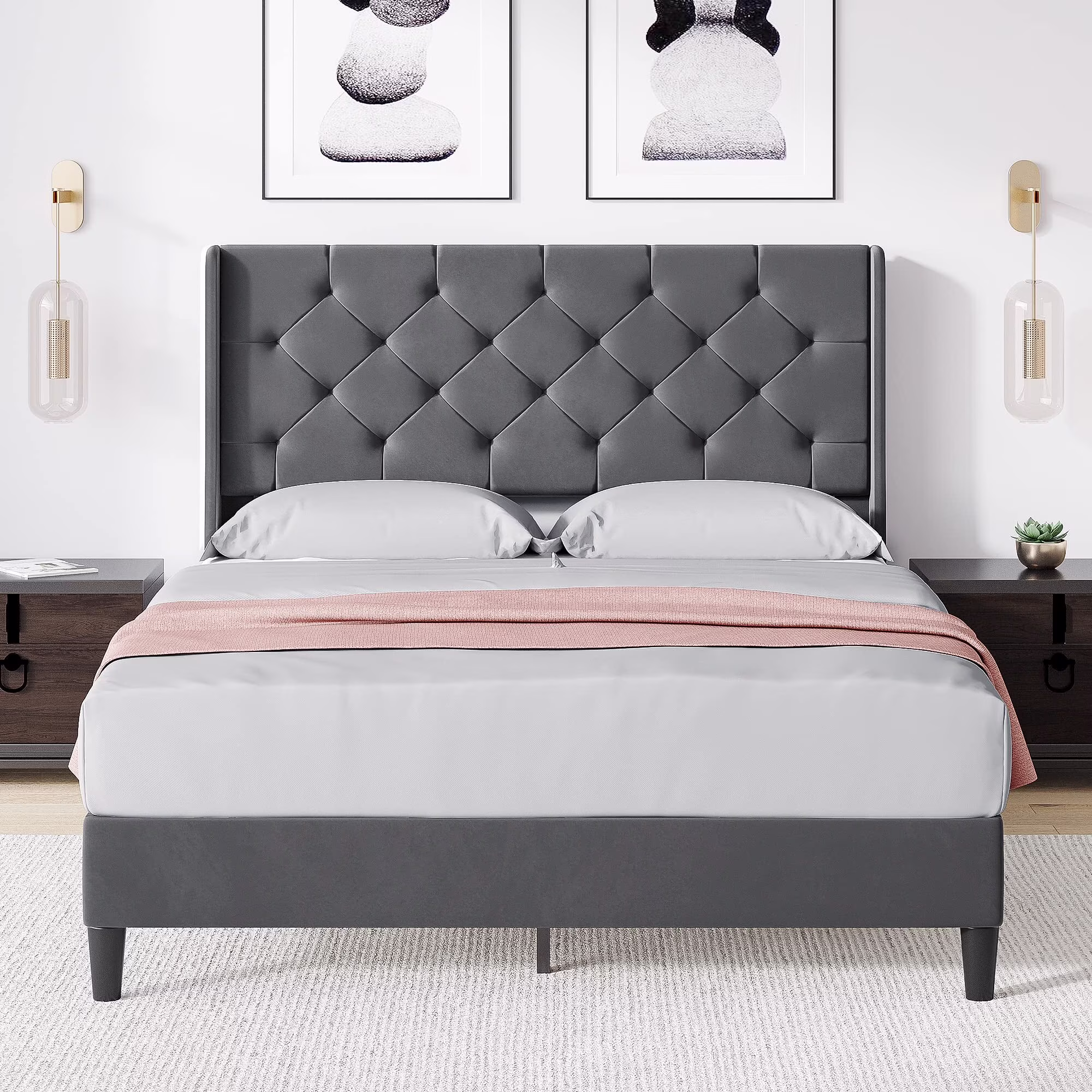 IDEALHOUSE Queen Bed Frame with Button Tufted Headboard, Fabric Upholstered Platform Queen Size Bed Frame with Headboard (Dark Grey)