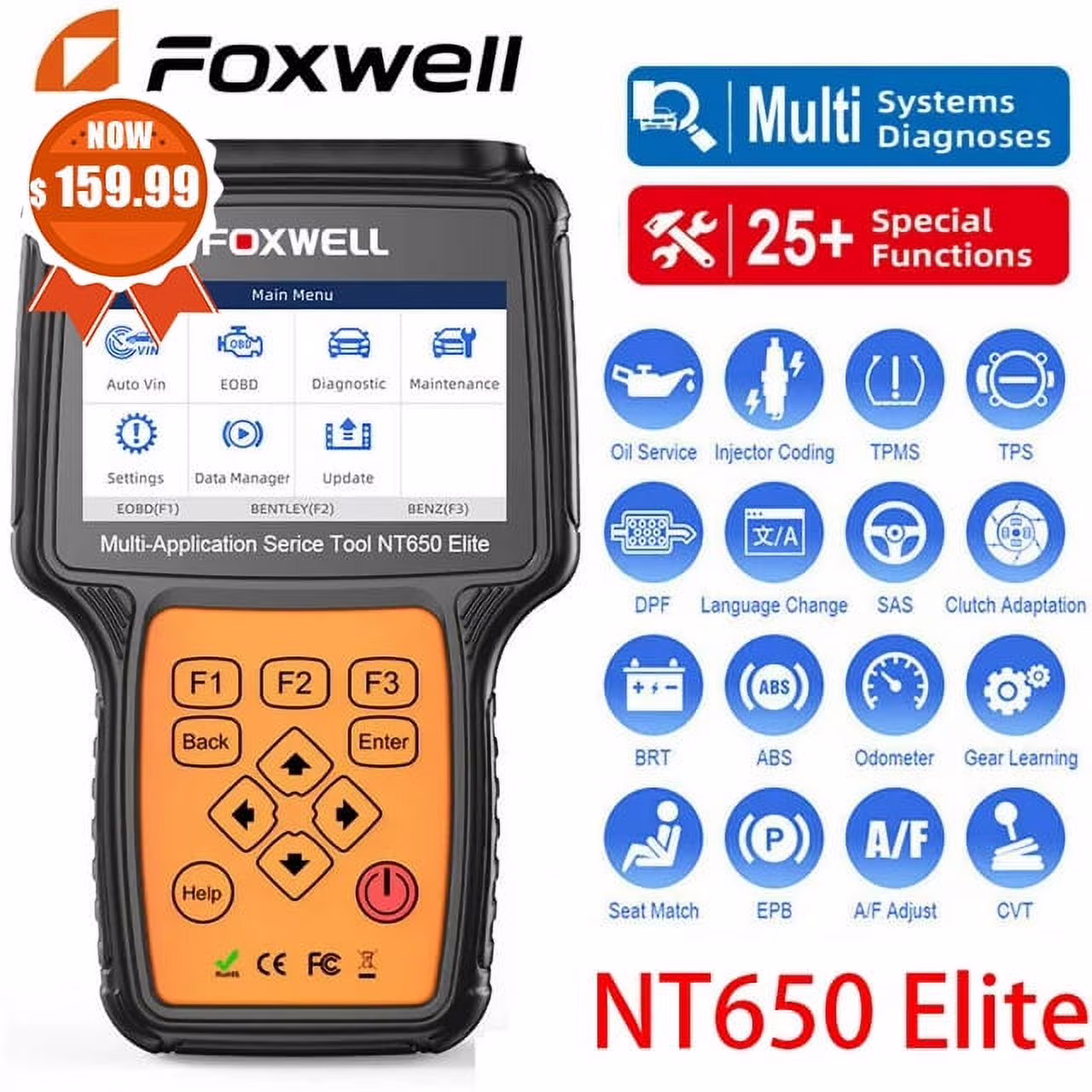 Foxwell NT650 Elite Car OBD2 Scanner ABS SRS Engine Code Reader ABS Bleeding EPB TPS Battery Oil Light Reset SAS Calibration 26 Maintenance Reset Services Automotive Diagnostic Tool
