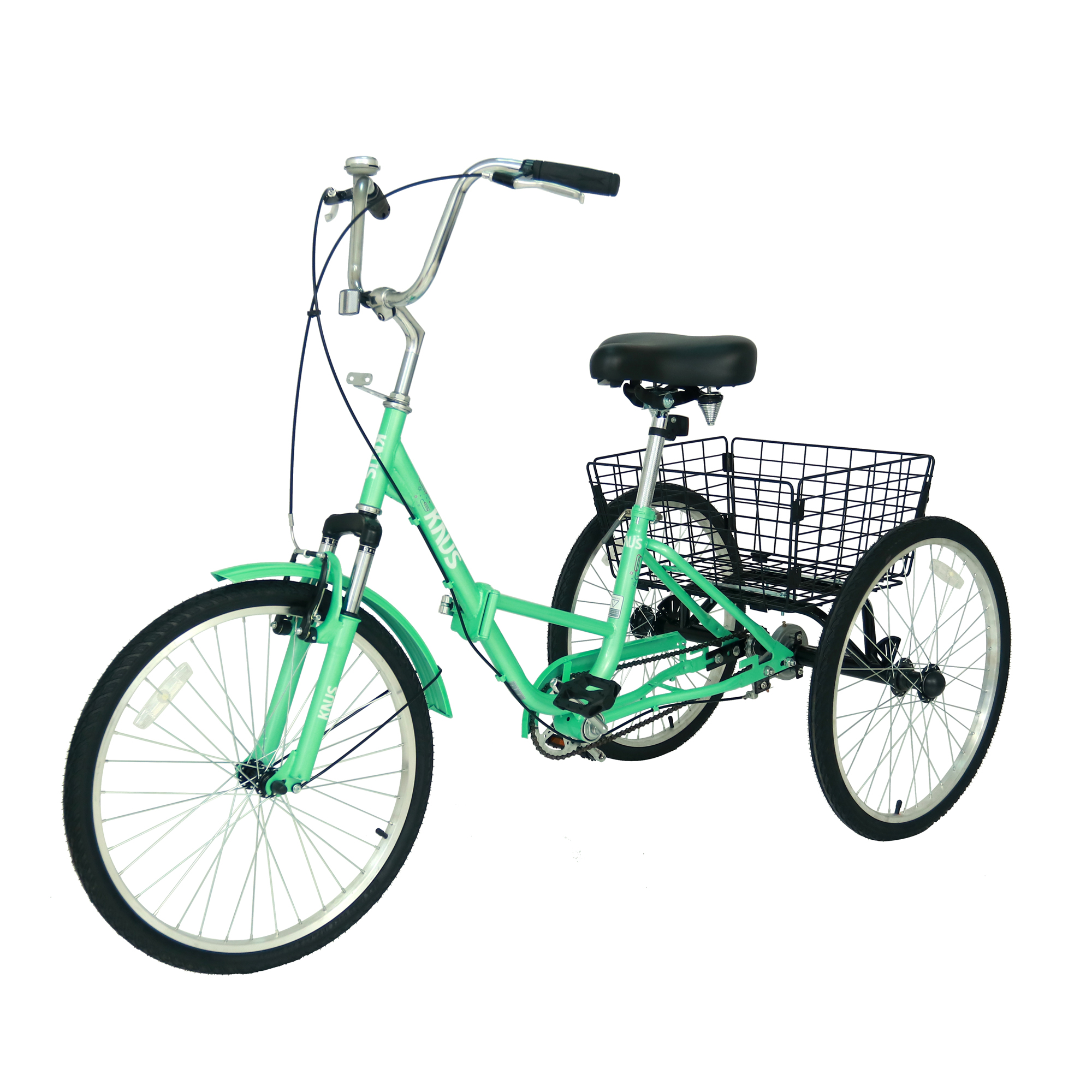 CASEMIOL Adult Tricycles 24-Inch Foldable, Big 3-Wheel Bikes with Baskets for Shopping Picnic Outdoor Sports Cyan Trikes for Seniors, Women, Men