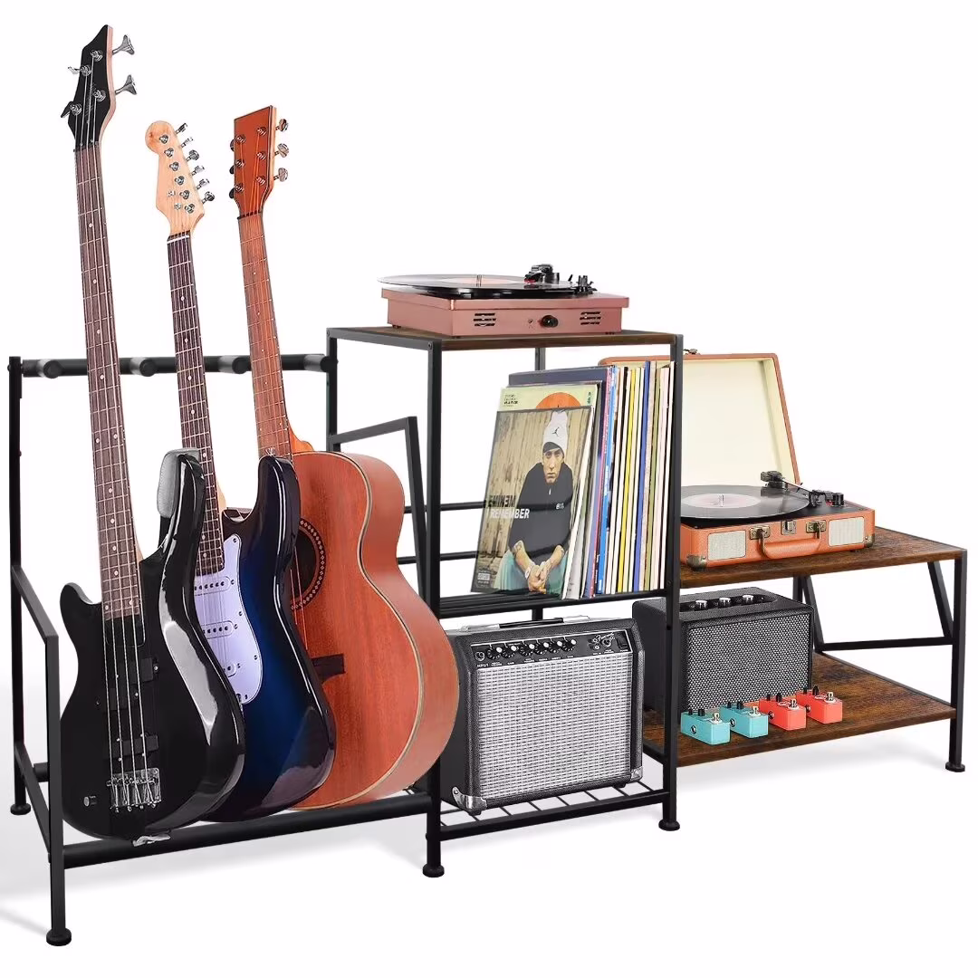LOMILD Guitar Stand Floor For Multiple Guitars Amp Records Guitar Accessories, Guitar Rack 3 Holders For Bass Acoustic Electric Guitar