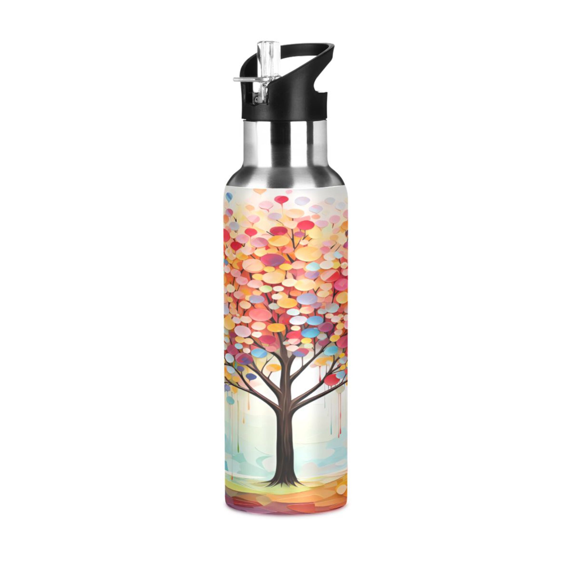 Water Bottle with Straw Lid Leak Colorful Tree Stainless Steel Insulated Thermos Vacuum Flask for Cold Hot Drinking for Sports Camping Gym Yoga