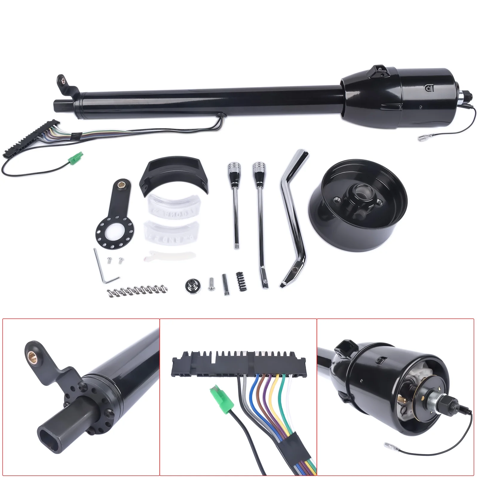 28 Inch Polish Stainless Steel Floor Shift Steering Column with 9 Hole Wheel Adapter Switch Automatic No Key Black