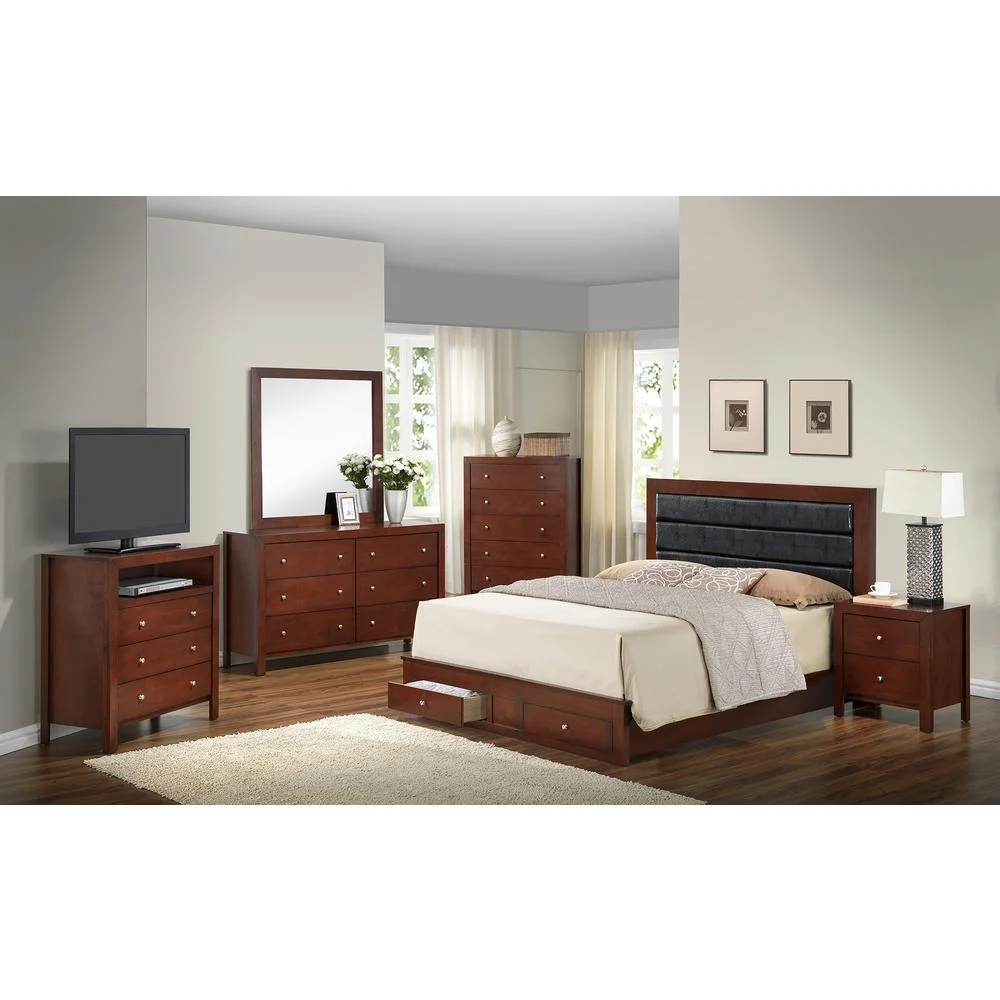 Passion Furniture  Burlington Upholstered Panel Bed with Two Storage Drawers, Cherry - Queen Size