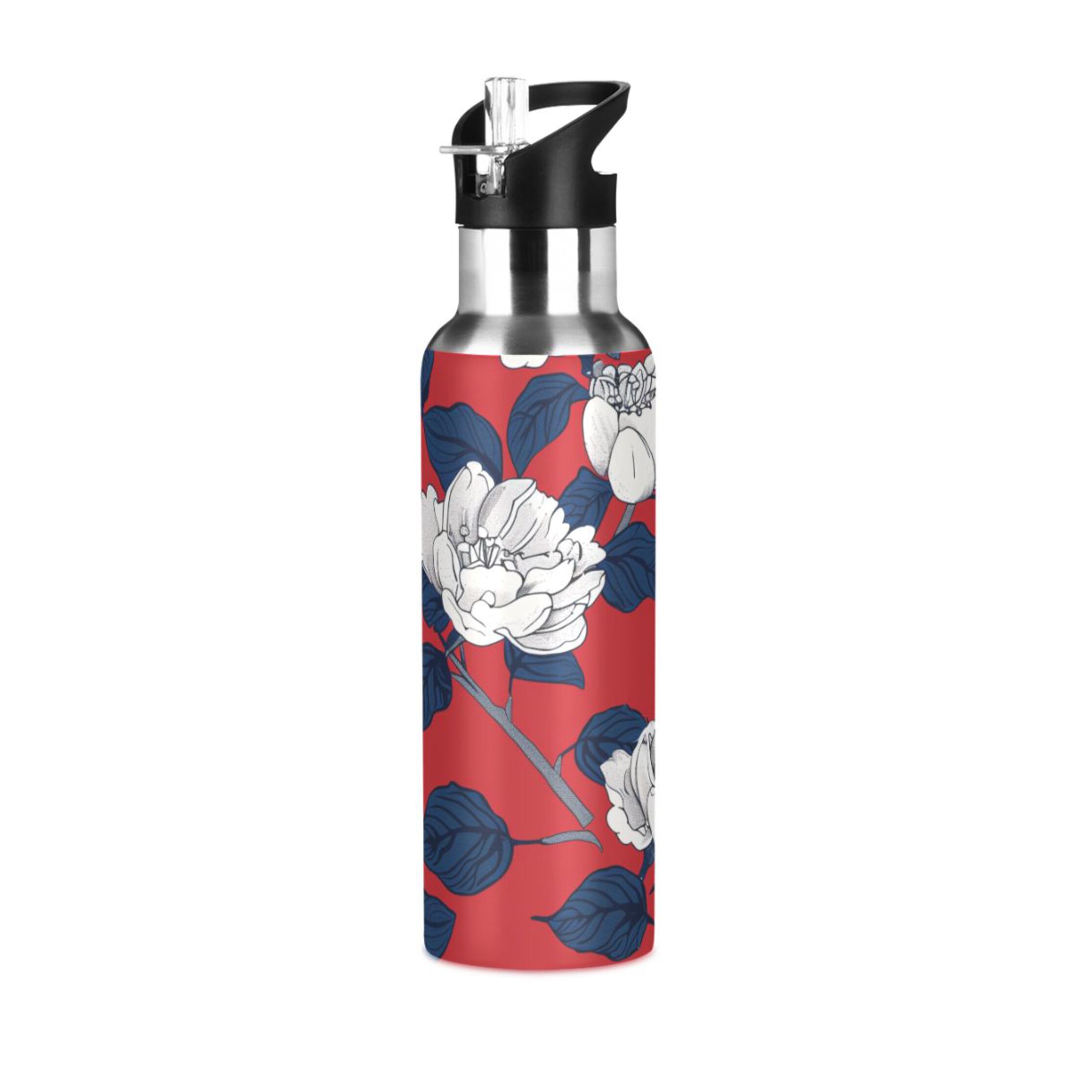 Abstract Peony Flowers Water Bottles Insulated Thermos Kids Stainless Steel Bottle with Straw Lid Flask Leakproof for Sports Gym 20 oz