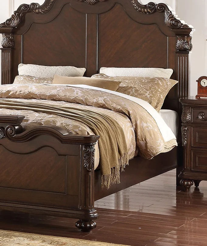Bedroom Furniture Traditional California King Size Bed Dresser Mirror Nightstand 4pcs Set Dark Brown