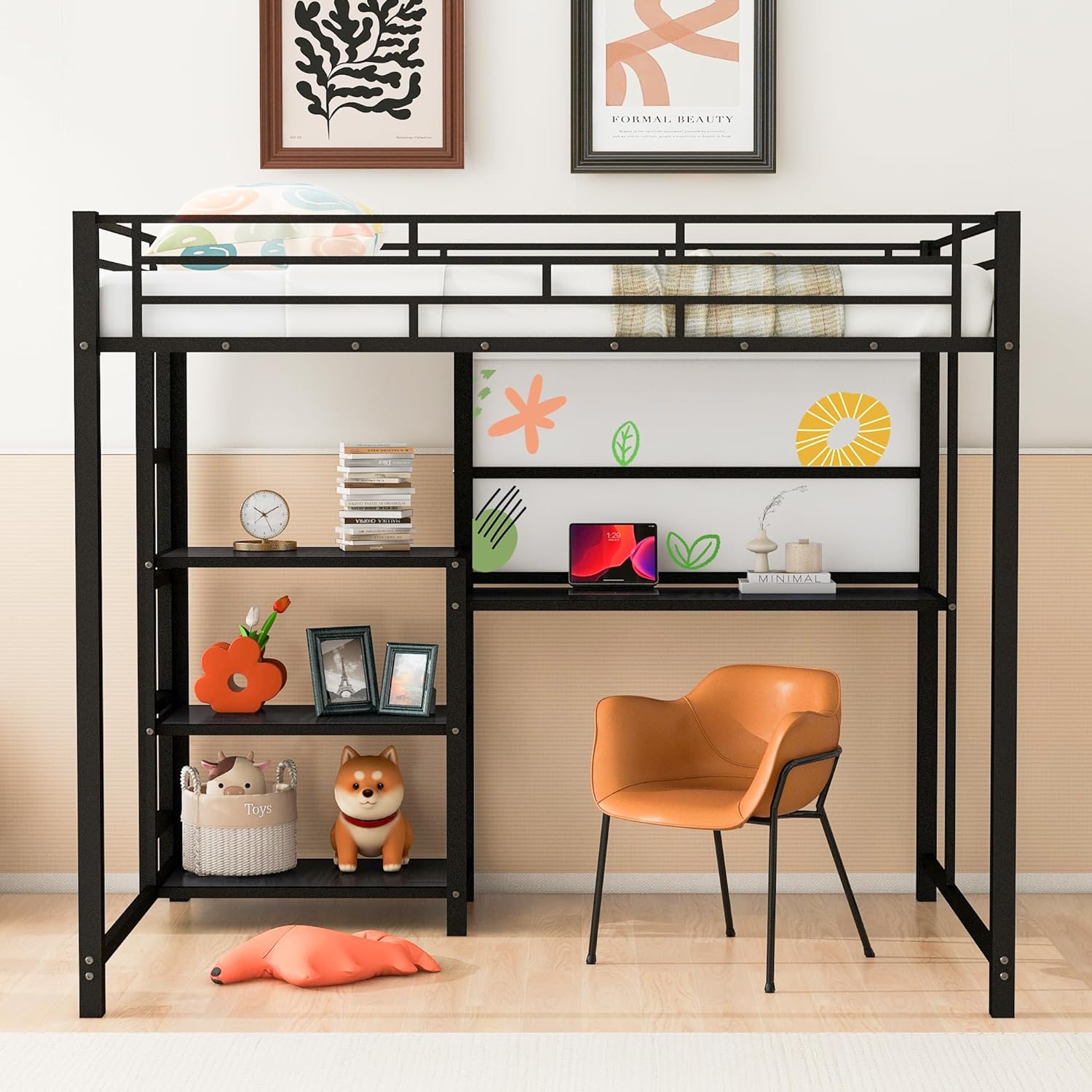 Full Loft Bed With Desk And 3 Shelves, Metal Full Size Loft Bed With Writing Board, Sapce Saving Loft Bed Full For Kids, Boys,Girls,Teens,Black