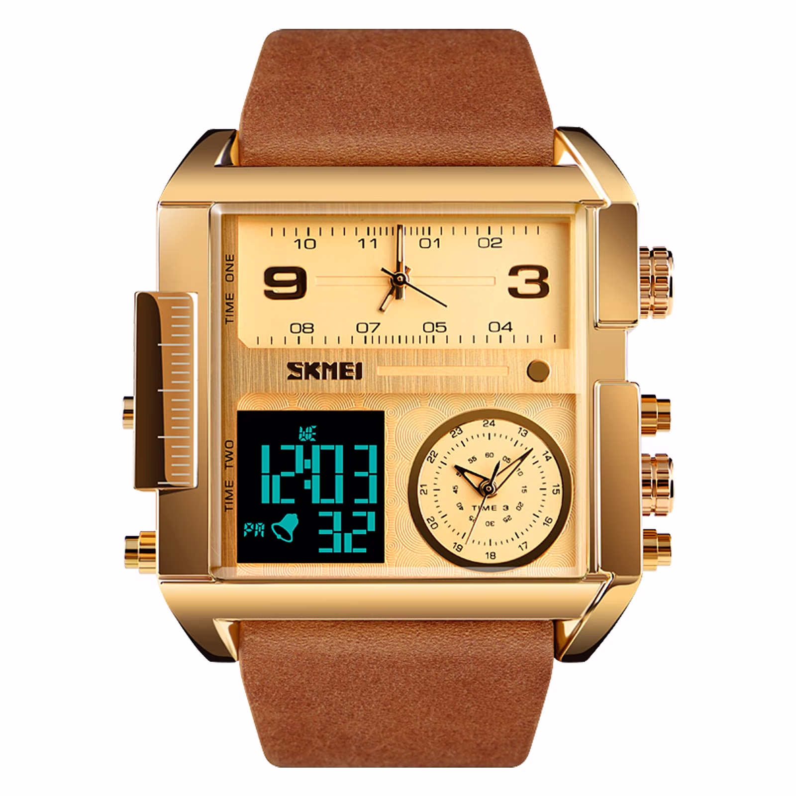 SKMEI Men's Waterproof Digital Watch, Square Large Face Analog Quartz Wrist Watch Sports Watch, Gold