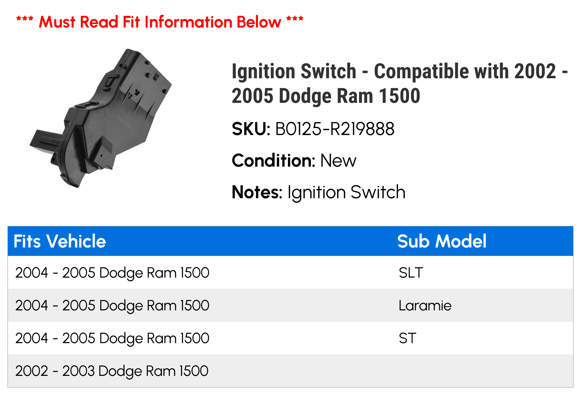 Ignition Switch - Compatible with 2002 - 2005 Dodge Ram 1500 2003 2004