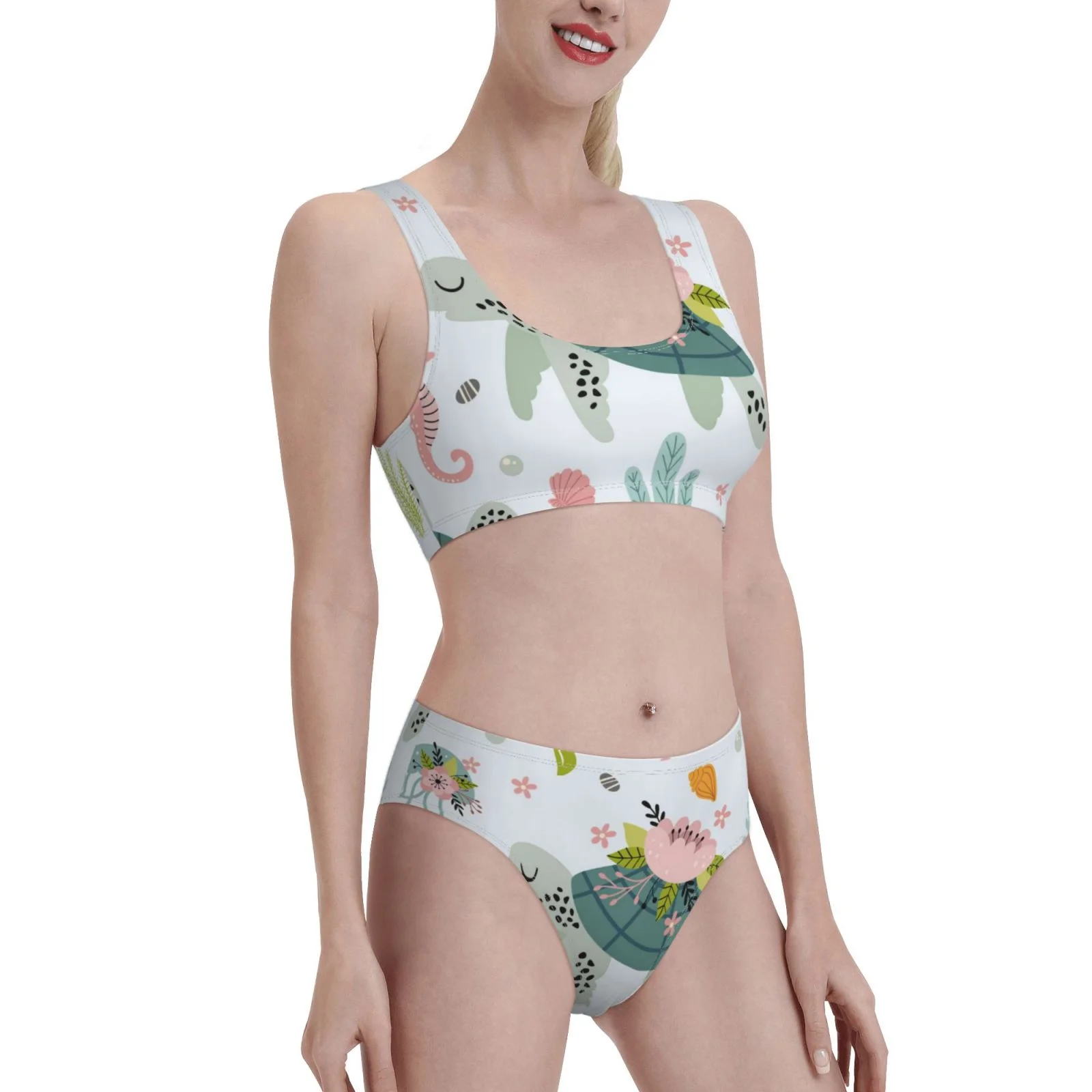 Coaee Turtle And Sea Life Women'S High Waisted Bikini Sets,Two Pieces Swimsuits&Bikini With Separates,With Removable Soft Chest Pad- Small